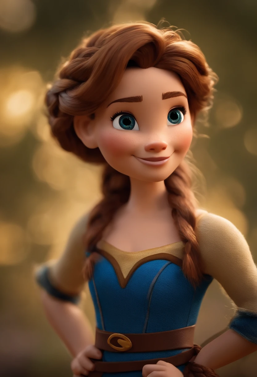 Garota, estilo disney, tom de pele: claro:  Cabelo: marrom escuro, cacheado, grande, braid hairstyle. Cropped : curto, Cor azul. Fundo: Gray and white gradient,Comemorando, Hands raised, sorrindo, feliz, (estilo pixar) (obra-prima:1.2) (bokeh) (melhor qualidade) (pele detalhada) (textura detalhada) (8k) (claymation) (cinematic lighthing) (foco nítido