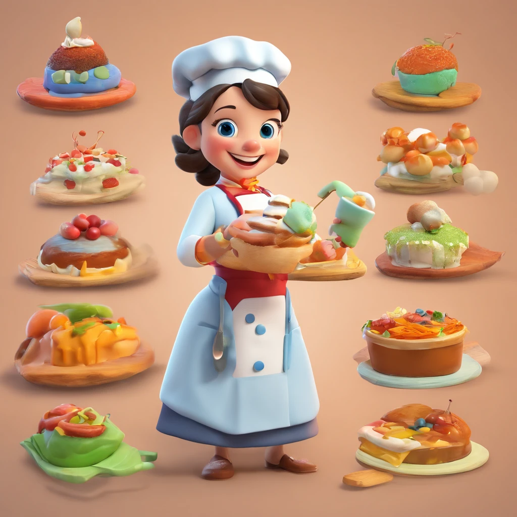 Crie uma cena de desenho animado estilo 3d -Pixar, Onde uma mulher, de cabelos lisos castanhos com 35 anos de idade, She's cooking dressed as a pastry chef.