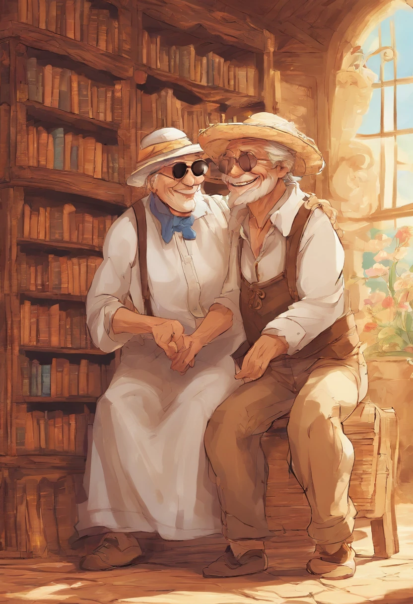 an old man in a straw hat with a band in the middle of the hat hugging an old woman with short hair and white clothes, with sunglasses hanging from her shirt, both smiling, behind them a bookcase, high quality, Disney Pixar style