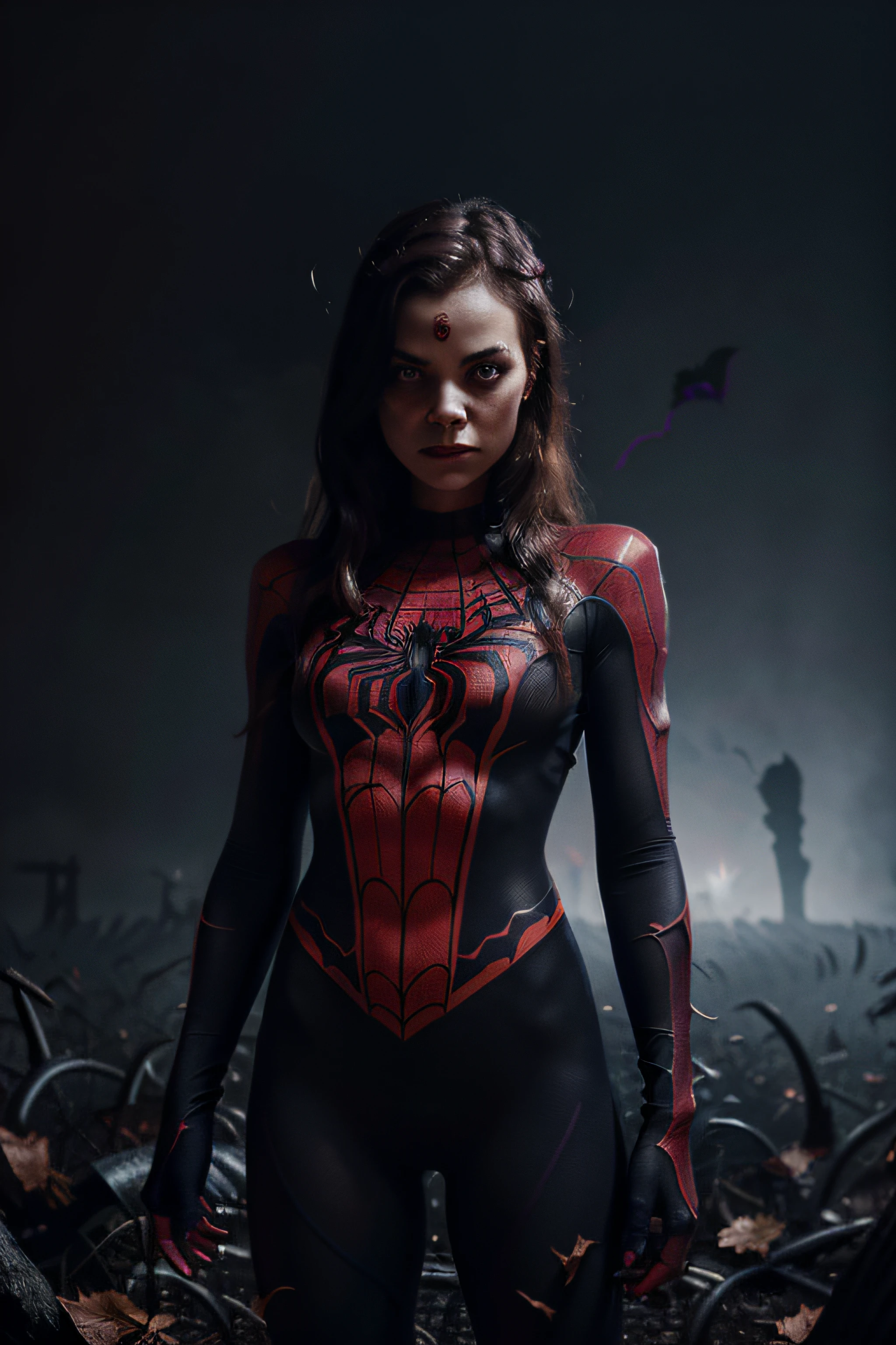 a girl in a Spiderman suit, without a mask, in Halloween mode,illustration,ultra-detailed,highres,(brightly colored,vibrant colors),(spooky,creepy,haunting) atmosphere,(sinister shadows,dramatic lighting),twisted landscape,fallen leaves,spider webs,bats,foggy background