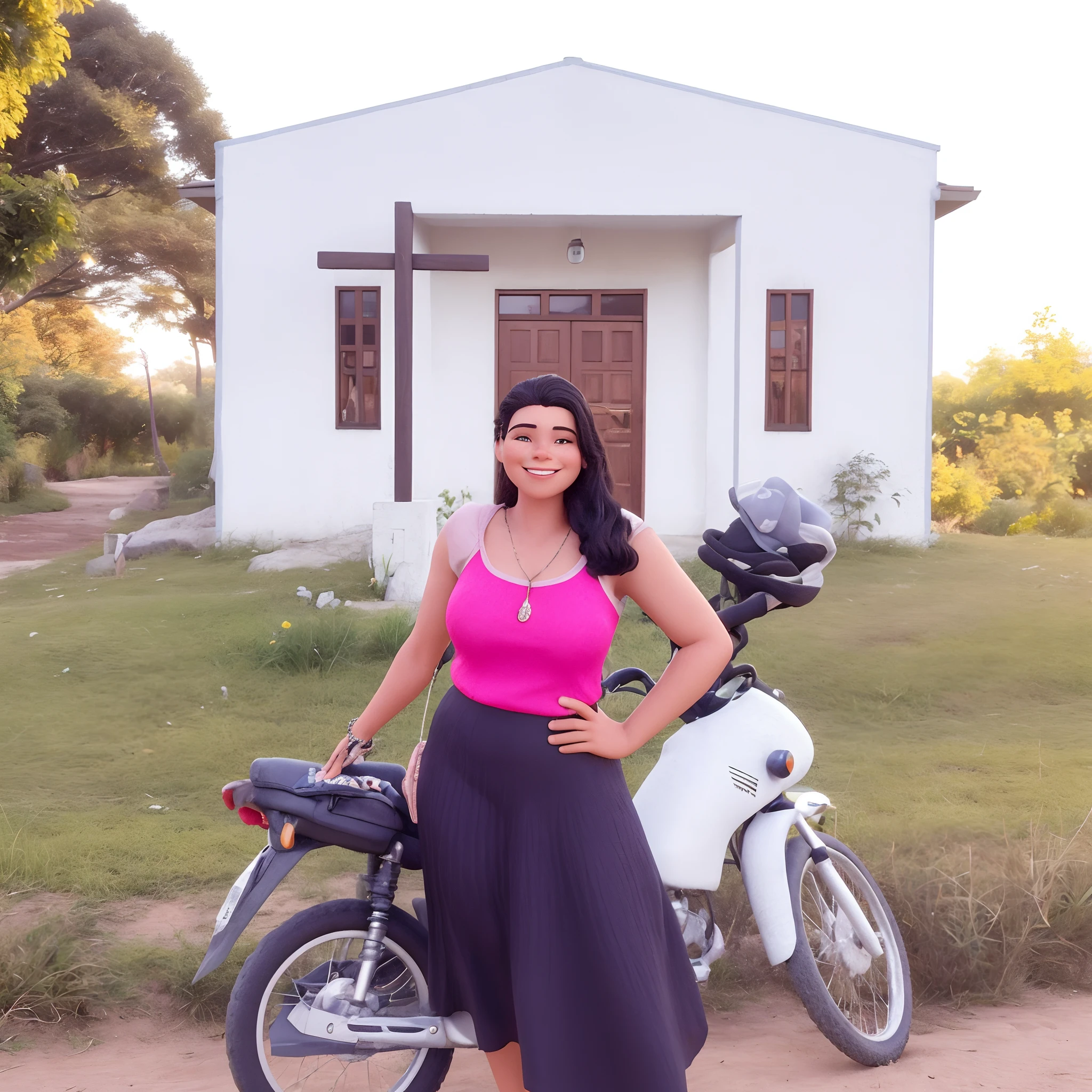 A woman about 20 years of age has the following characteristics:
pele morena escura, bochechas meio rechonchudas, cabelos lisos e escuros, rosto cheio e com formato hexagonal, nariz negroide, olhos pequenos castanhos escuros, Is smiling with teeth showing? , He has a rosary in his hand. sua testa tem cabelos no formato v(widow's beak)Her hair there's a simple tiara holding her hair back, The hair is slicked back too, Is wearing small round earrings, Her blouse is black.