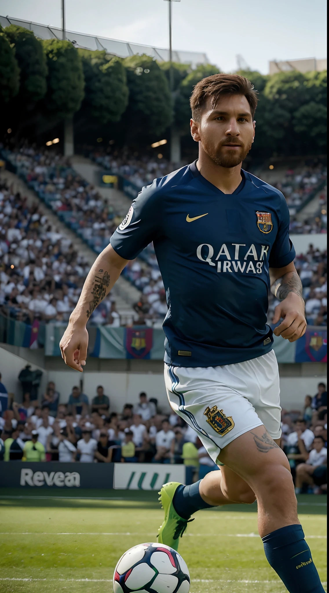 Homem, jogador de futebol, Lionel Messi, casima de futebol do Barcelona, Soccer shorts number 10, Segurando uma bola de ouro da revista france futebol. Campo se futebol camp nou. alta resolução,  8k