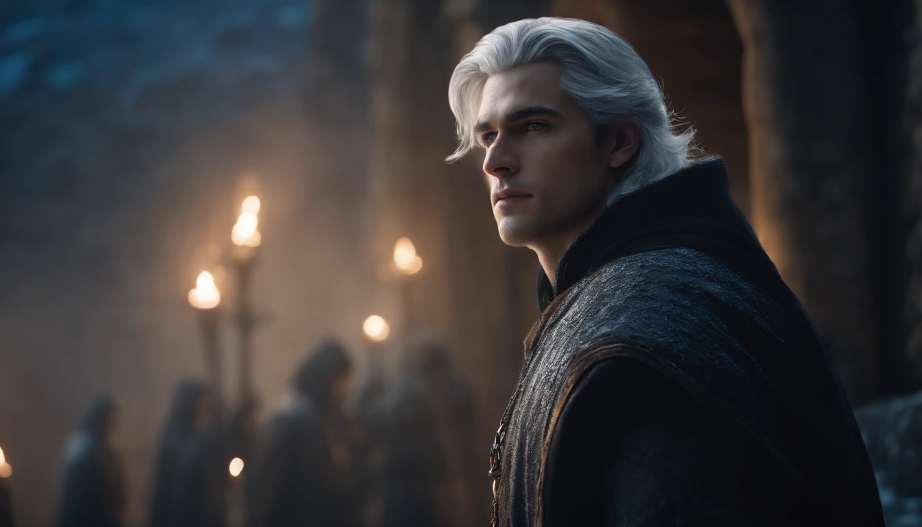 A young beautiful male character with medium silver hair looking at the kingdom with a serene expression, medieval clothes, blue eyes, he has a sword, dark setting, ultra-realistic, Guweiz drawing style, landscape, 8k, winter, dramatic particles, melhor qualidade,4k,8k,alto,master part:1.2,ultra-detalhado,Realistic:1.37.