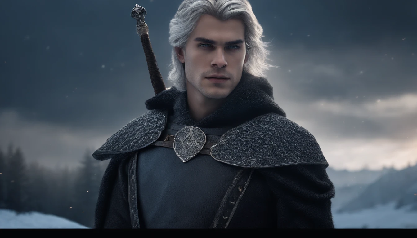 A young beautiful male character with medium silver hair looking at the kingdom with a serene expression, medieval clothes, blue eyes, he has a sword, dark setting, ultra-realistic, Guweiz drawing style, landscape, 8k, winter, dramatic particles, melhor qualidade,4k,8k,alto,master part:1.2,ultra-detalhado,Realistic:1.37.