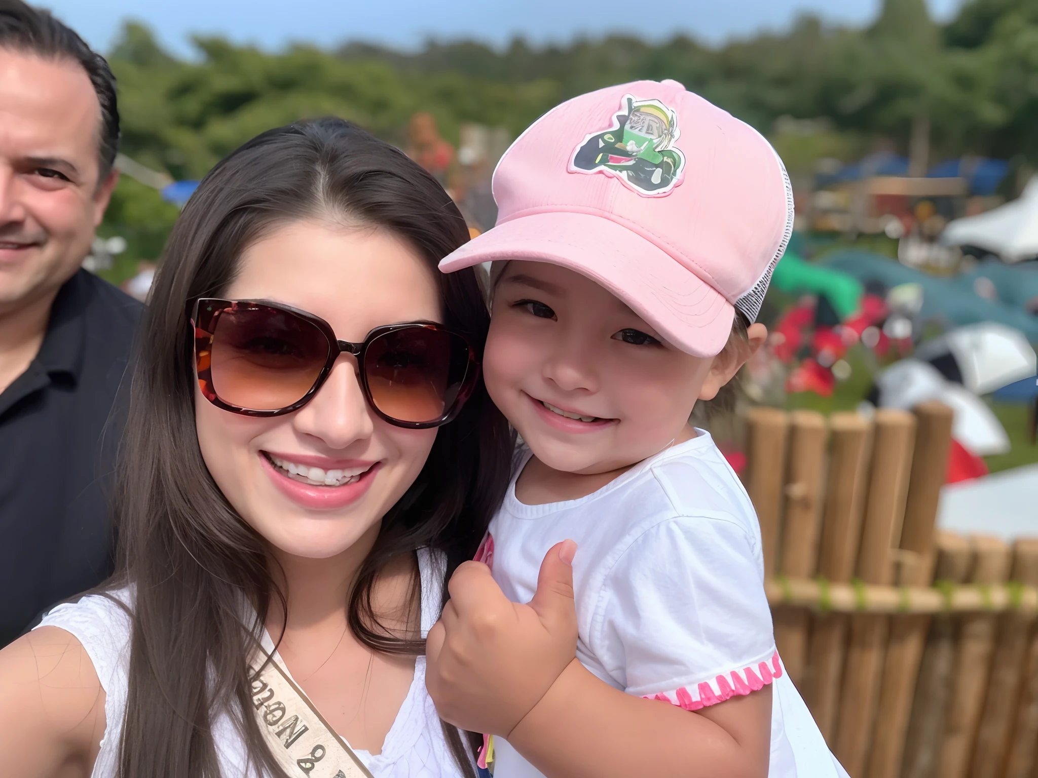 Smiling woman and child with pink hat and sunglasses at outdoor event, wearing sunglasses and a cap, with a kid, wearing a cute hat, wearing sunglasses and a hat, it's wearing a cute little hat, wearing a silly hat, 3 2 anos, 🤬 🤮 💕 🎀, divertindo-se, Mulher de 30 anos, 3 0 anos de idade mulher