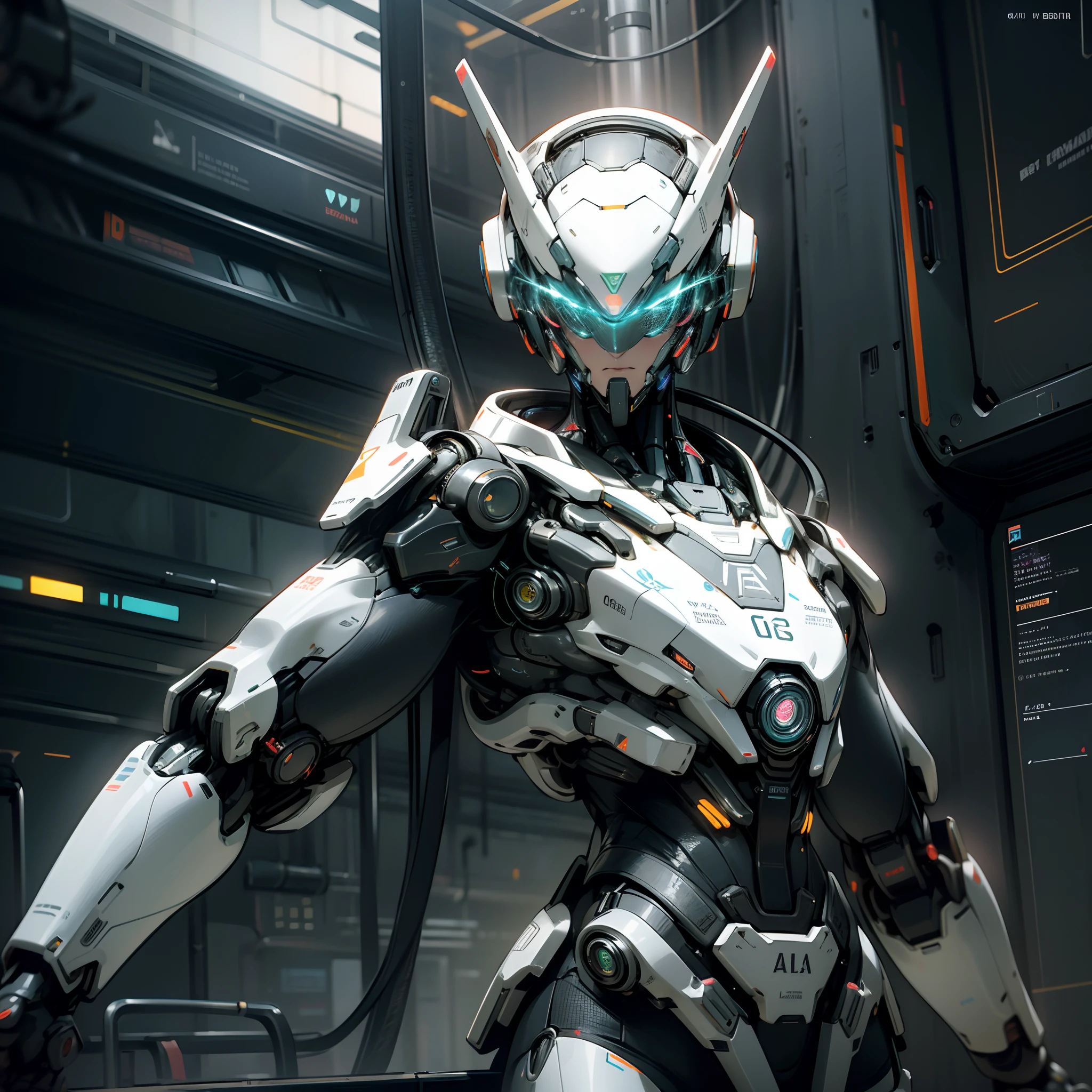 "Describe an image of a futuristic robot with a modern, minimalist aesthetic. This robot is clearly based on artificial intelligence, with clean lines and a shiny metallic finish. It features a dome-shaped head with bright sensors that indicate its advanced processing capability. The robot's body is slim and streamlined, With flexible joints for smooth movement. In one hand, ele segura um dispositivo de interface de alta tecnologia e, On the other hand, A holographic screen floats, showing constantly updating data and information. The robot is located in a futuristic environment with neon lights that add a touch of cyberpunk style. Its presence exudes innovation and sophistication." --auto