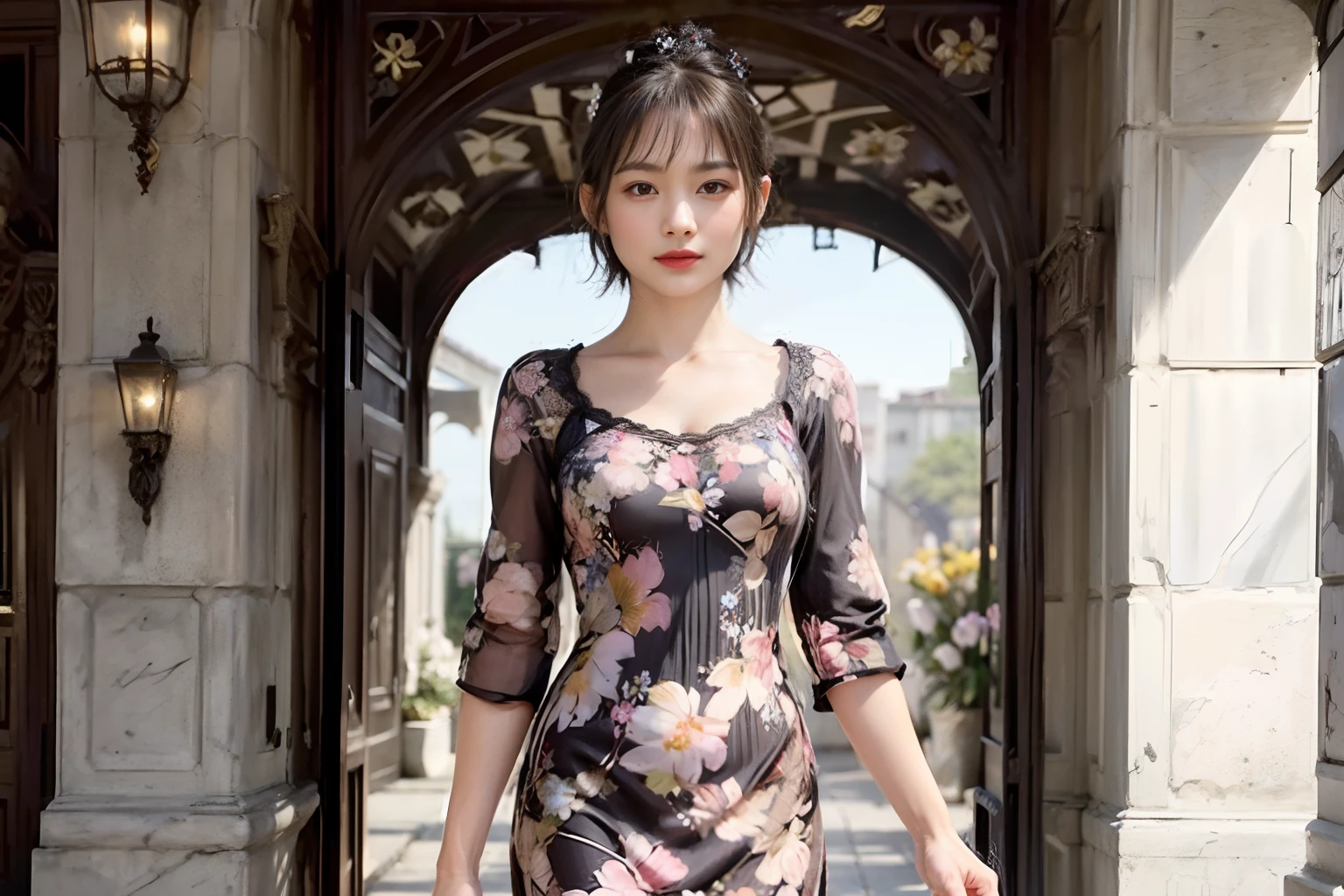 80
(20-year-old princess,is standing), (A hyper-realistic), (masutepiece), ((short-hair:1.46)), (Smooth black hair), (Breast:1.0), (kindly smile:0.9), (Floral Dresses:1.46), (Majestic Palace:1.46), Orange Lipstick