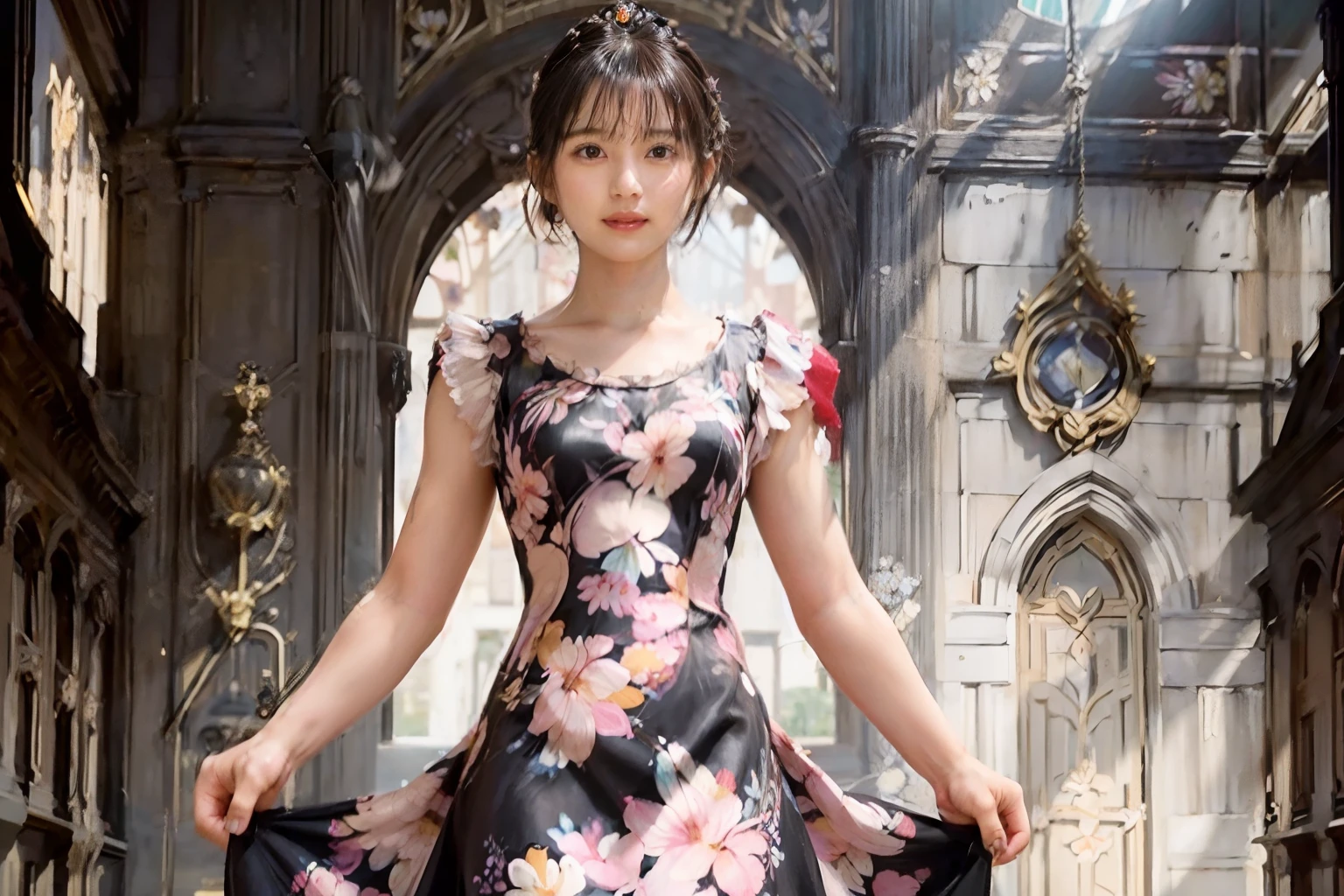 80
(20-year-old princess,is standing), (A hyper-realistic), (masutepiece), ((short-hair:1.46)), (Smooth black hair), (Breast:1.0), (kindly smile:0.9), (Floral Dresses:1.46), (Majestic Palace:1.46), Orange Lipstick