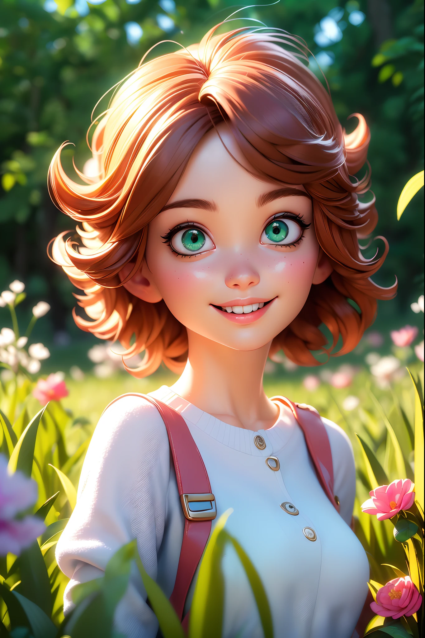 (best quality, 4k, 8k, highres, masterpiece:1.2), ultra-detailed, (realistic, photorealistic, photo-realistic:1.37), playful, cartoon, girl, cute smile, outdoor, 3d rendering, beautiful detailed eyes, beautiful detailed lips, extremely detailed eyes and face, longeyelashes, colourful, soft lighting, summer scenery, green grass, lively atmosphere