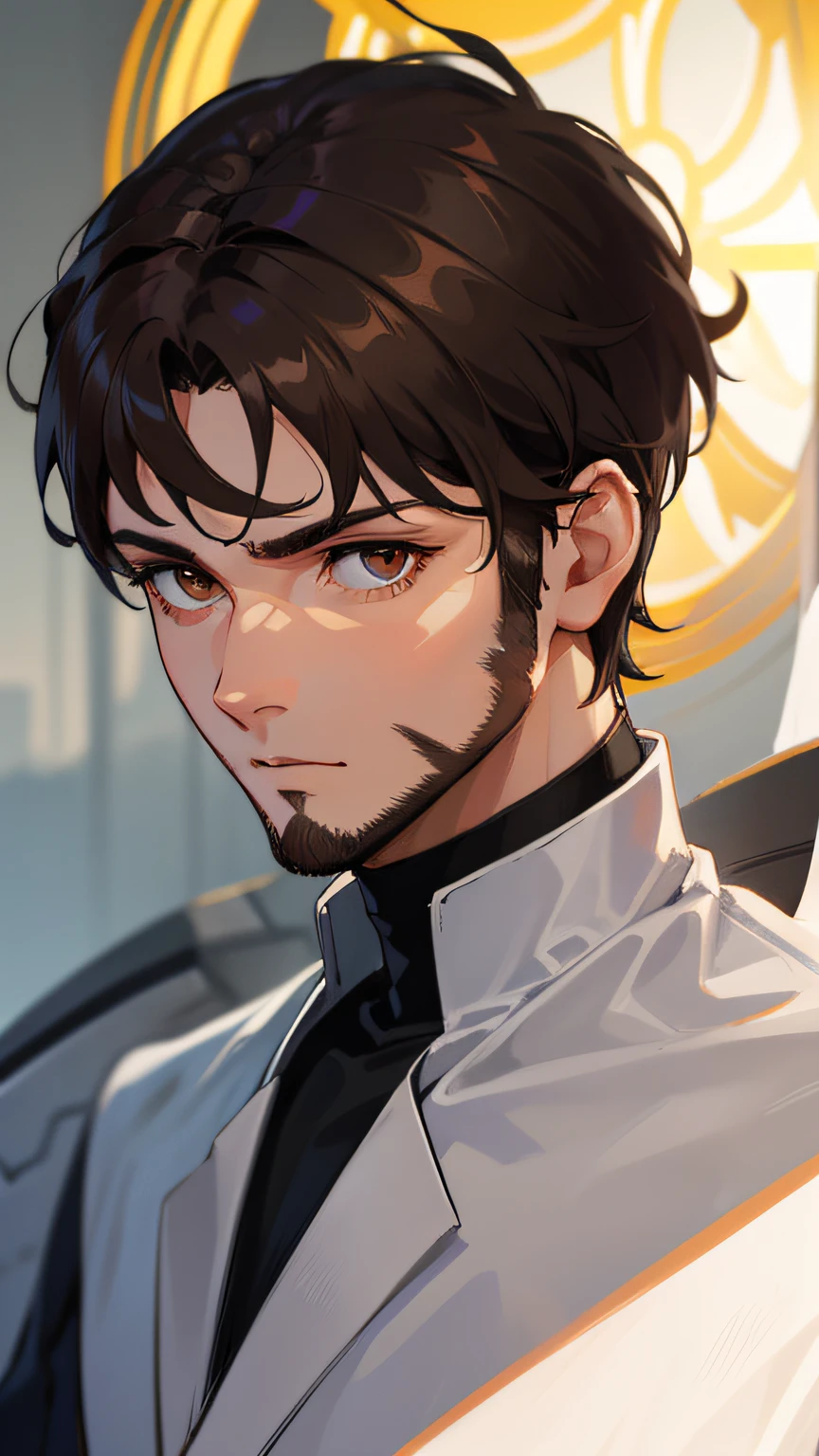 DETAILED, DENSE, MASTERPIECE, one boy, beautiful, glowing skin, glowing hair, clear eyes, glowing eyes, brown eyes, (viewer Looking down: 0. 8), glowing skin, (Masterpiece: 1.0), (Realistic: 1.6), (Soft Focus: 1.5), brown hair, short hair shaved on the sides, sharp eyes, black clothes, beard, (Close up), portrait, futuristic clothes, boy, serious look, hand, details on background