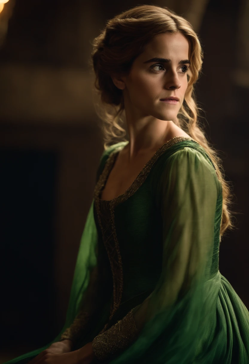 Emma Watson in game of Thrones with a beautiful green dress and light long hair