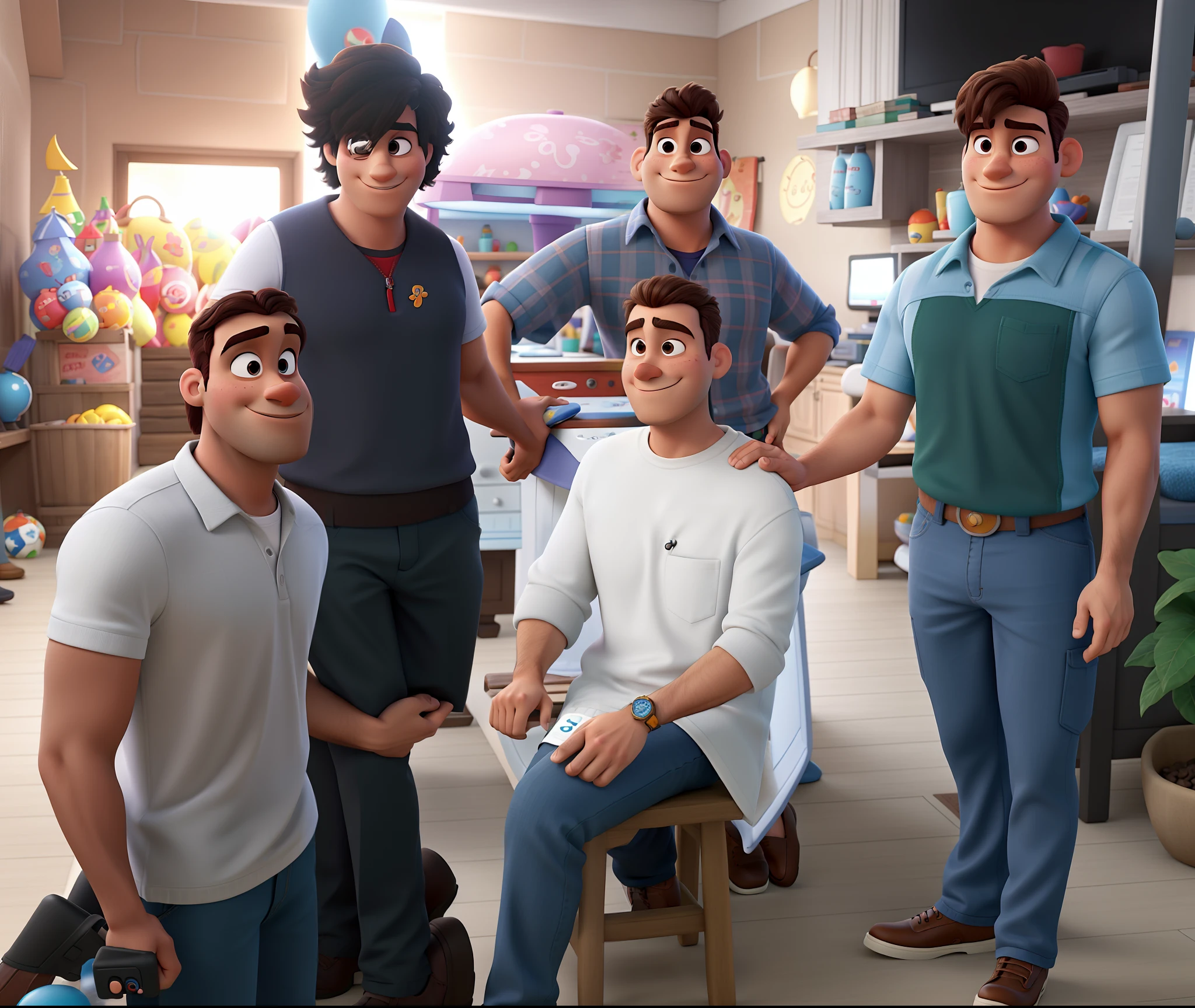 Cinco homens estilo disney pixar, resting one arm on the other, alta qualidade.