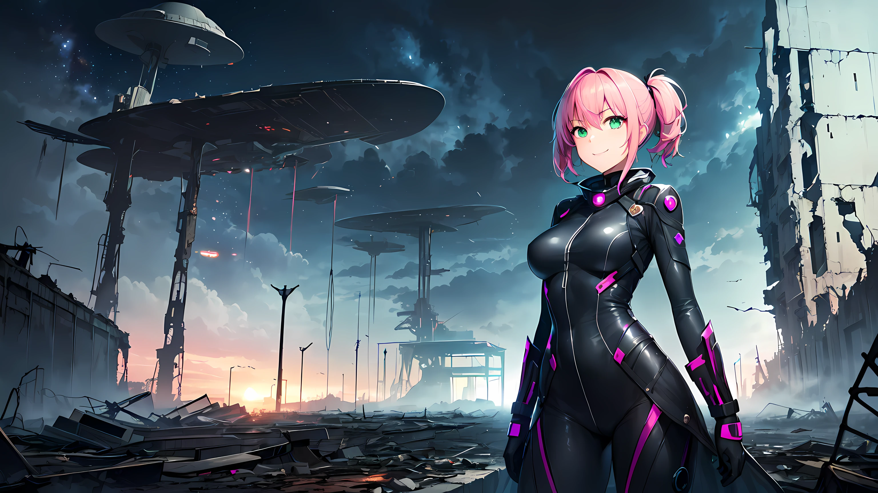 masterpiece, 1girl ((20year old, dressed in a futuristic tight bodysuit, boots, medium breasts, multicolor pink hair, twin ponytails, perfect model body:1.3, detailed green eyes:1.5,flirting, happy, big smile, standing surrounded by destroyed sci-fi buildings and spaceships in the background:1.3, ominous and dangerous atmosphere:1.2)) ((solo:1.6)) ((evening time))