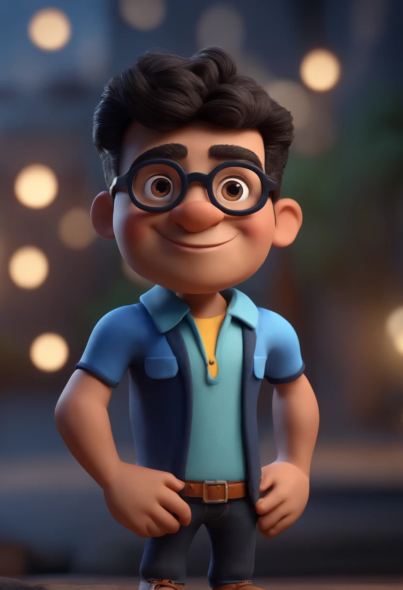 Cartoon character of a man with black glasses and a blue shirt, animation character, Caractere estilizado, animation style rendering, 3D estilizado, Arnold Maya render, 3 d render stylized, toon render keyshot, Personagem 3D, Personagem 3D, 3d rendering stylized, 3 d character render, personagem de desenho animado, Personagem de close up, Pose de personagem, (Estilo Pixar) (master part:1.2) (Bokeh) (best quality) (pele detalhada) (textura detalhada) (8k) (argila) (Cinematic lighting) (foco nítido