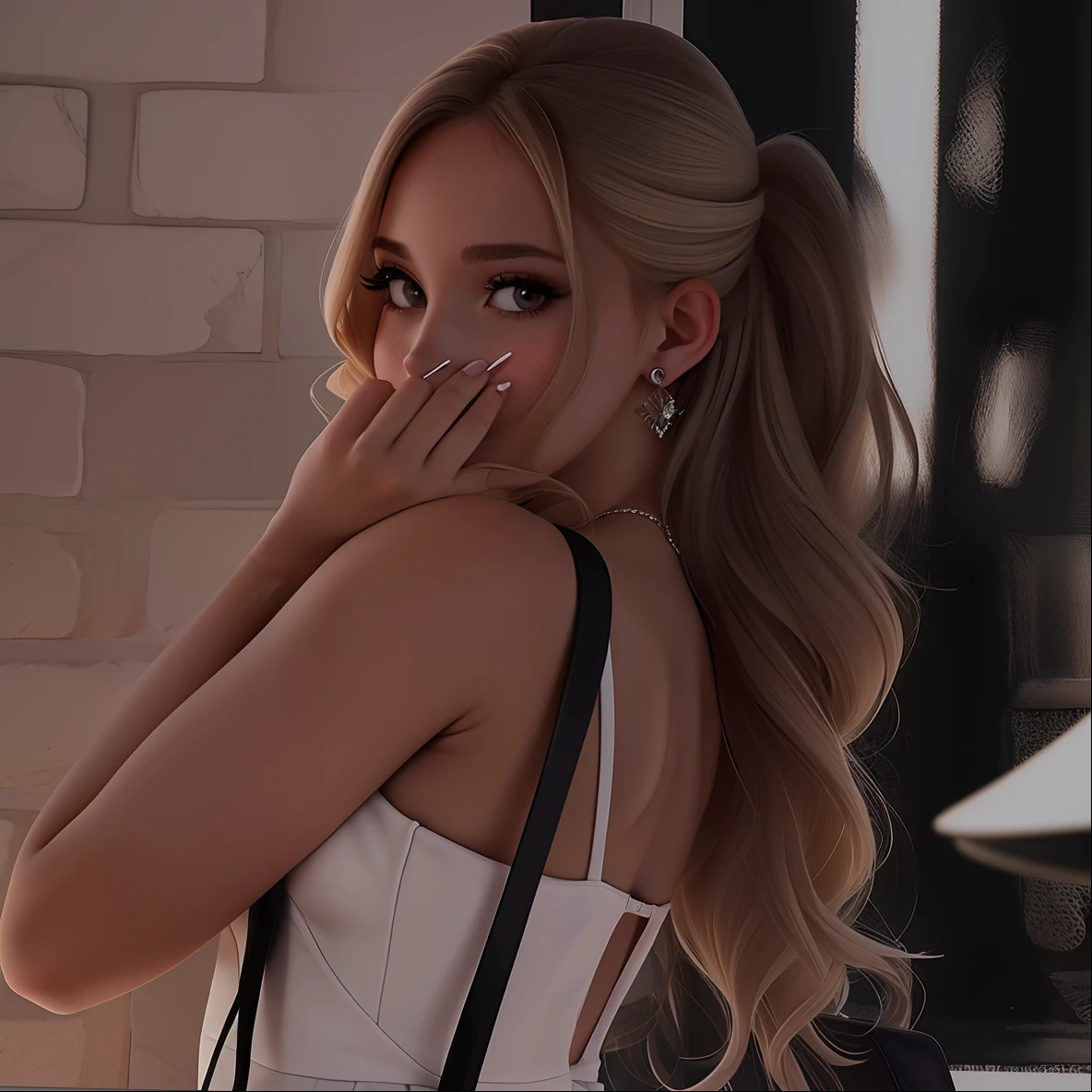 Blonde woman in white dress with black handbag and hand on her face, foto de perfil, linda senhora, ellie victoria gale, cabelo loiro com rabo de porco, olhando para o lado, cabelo loiro com rabo de cavalo, imagem de perfil, mulher linda, foto do perfil, Vanessa Morgan, Foto de perfil, Beautiful, ela tem dois rabos de cavalo, Ariana Grande Fotografia