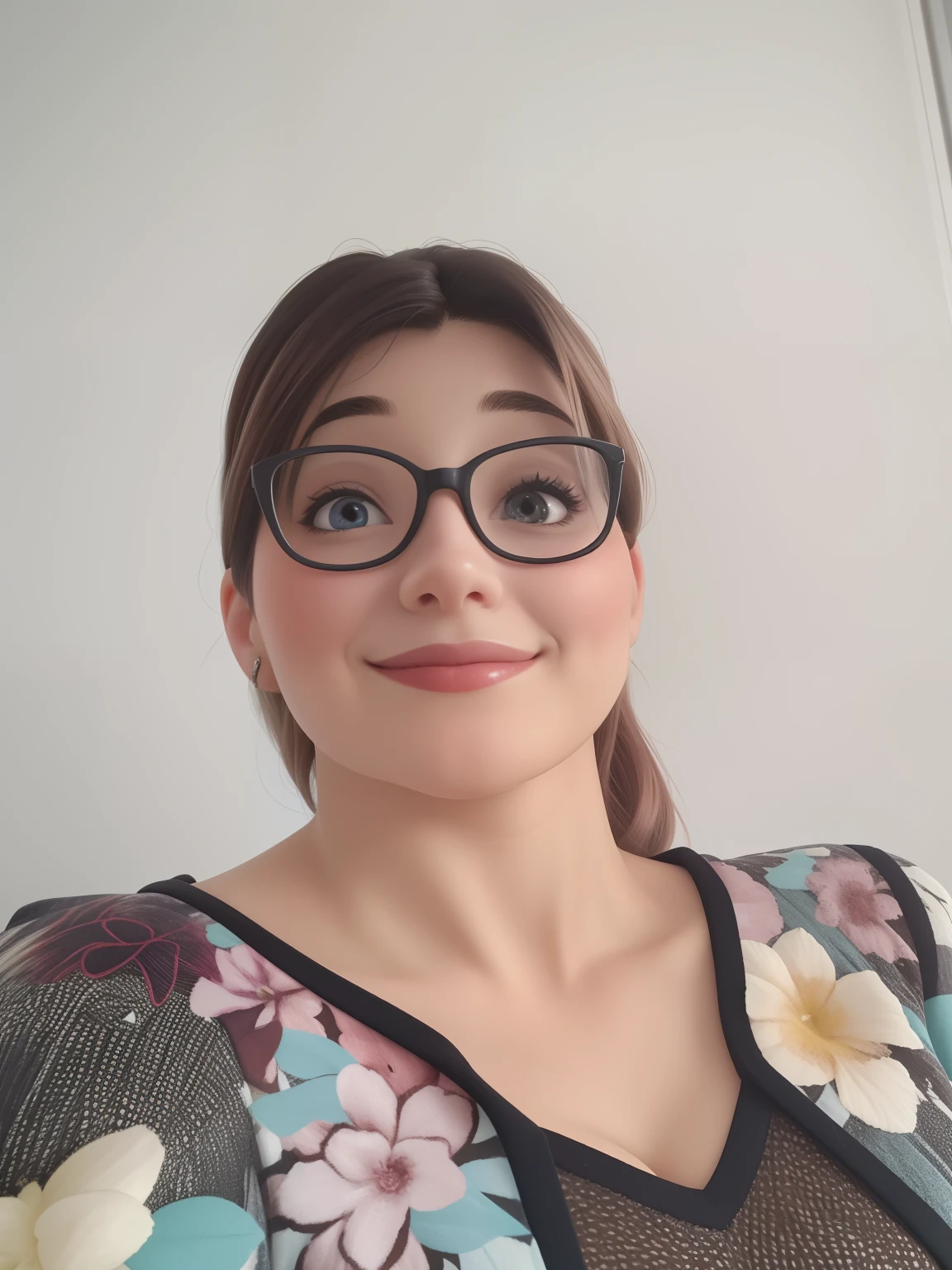 Uma mulher de 30 anos, com cabelos castanhos curtos, Rosto redondo, rosto redondo com sorriso encantador, e olhos castanhos