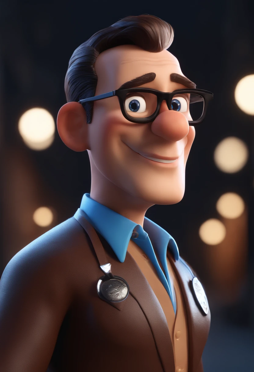 Cartoon character of a man with black glasses and a blue shirt, animation character, Caractere estilizado, animation style rendering, 3D estilizado, Arnold Maya render, 3 d render stylized, toon render keyshot, Personagem 3D, Personagem 3D, 3d rendering stylized, 3 d character render, personagem de desenho animado, Personagem de close up, Pose de personagem, (Estilo Pixar) (master part:1.2) (Bokeh) (best quality) (pele detalhada) (textura detalhada) (8k) (argila) (Cinematic lighting) (foco nítido