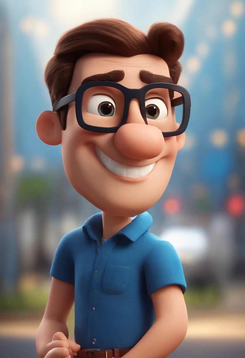 Cartoon character of a man with black glasses and a blue shirt, animation character, Caractere estilizado, animation style rendering, 3D estilizado, Arnold Maya render, 3 d render stylized, toon render keyshot, Personagem 3D, Personagem 3D, 3d rendering stylized, 3 d character render, personagem de desenho animado, Personagem de close up, Pose de personagem, (Estilo Pixar) (master part:1.2) (Bokeh) (best quality) (pele detalhada) (textura detalhada) (8k) (argila) (Cinematic lighting) (foco nítido