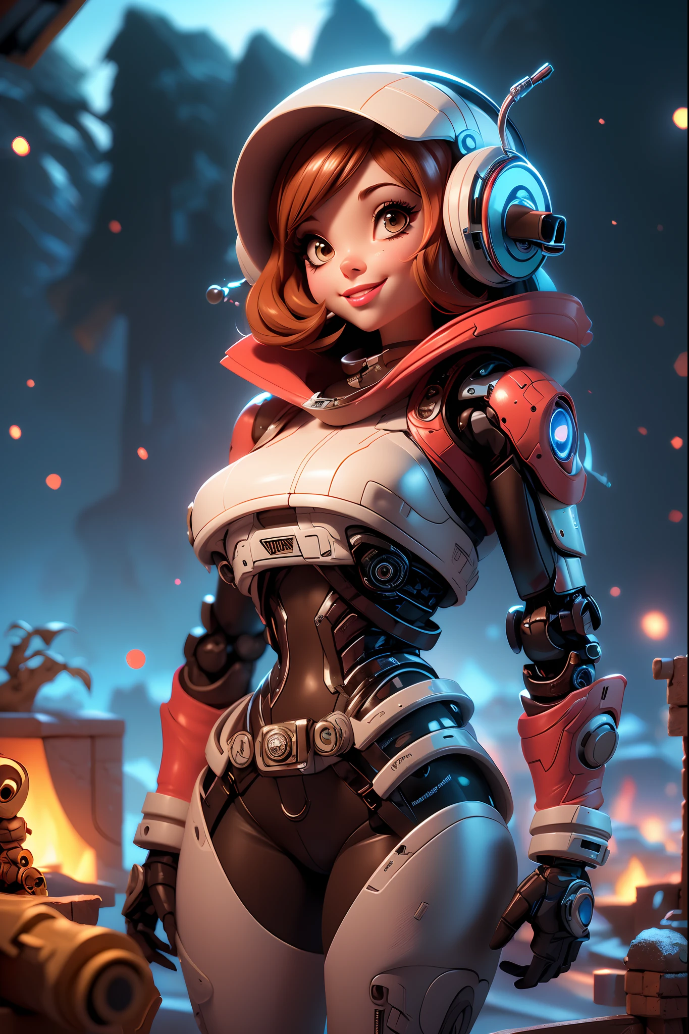 (playful, robot, cyborg style, cartoon, girl, cute smile, outdoor, 3d rendering) (best quality, 4k, 8k, highres, masterpiece:1.2), ultra-detailed, (realistic, photorealistic, photo-realistic:1.37), HDR, UHD, studio lighting, ultra-fine painting, sharp focus, physically-based rendering, extreme detail description, professional, vivid colors, bokeh, portraits, landscape, horror, anime, sci-fi, photography, concept artists, colorful tones, dreamy lighting.