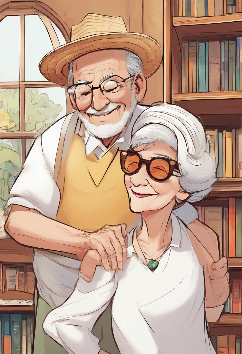 an old man in a straw hat with a band in the middle of the hat hugging an old woman with short hair and white clothes, with sunglasses hanging from her shirt, both smiling, behind them a bookcase, high quality, Disney Pixar style