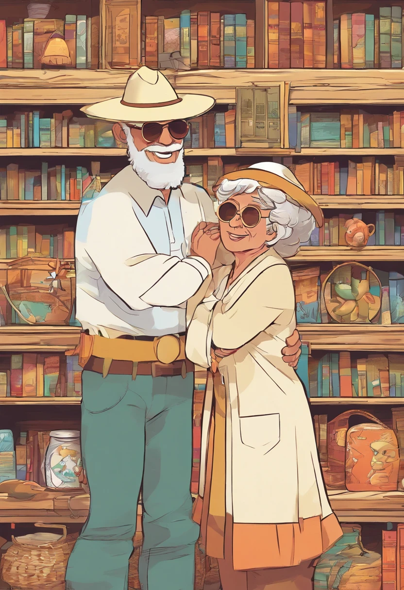 an old man in a straw hat with a band in the middle of the hat hugging an old woman with short hair and white clothes, with sunglasses hanging from her shirt, both smiling, behind them a bookcase, high quality, Disney Pixar style
