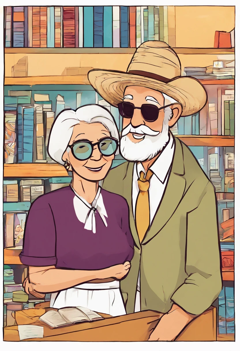 an old man in a straw hat with a band in the middle of the hat hugging an old woman with short hair and white clothes, with sunglasses hanging from her shirt, both smiling, behind them a bookcase, high quality, Disney Pixar style