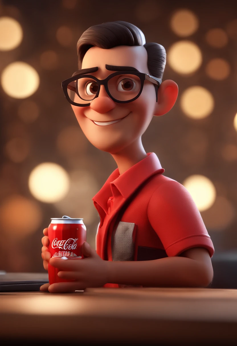 Cartoon character of a man with black glasses and a red shirt written Coca-Cola, animation character, Caractere estilizado, animation style rendering, 3D estilizado, Arnold Maya render, 3 d render stylized, toon render keyshot, Personagem 3D, Personagem 3D, 3d rendering stylized, 3 d character render, personagem de desenho animado, Personagem de close up, Pose de personagem, (Estilo Pixar) (master part:1.2) (Bokeh) (best quality) (pele detalhada) (textura detalhada) (8k) (argila) (Cinematic lighting) (foco nítido