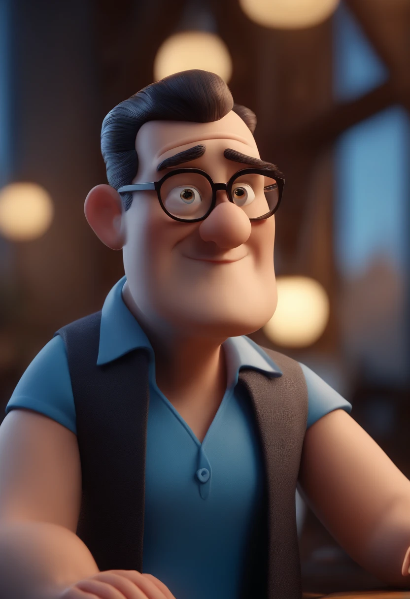 Cartoon character of a man with black glasses and a blue shirt, animation character, Caractere estilizado, animation style rendering, 3D estilizado, Arnold Maya render, 3 d render stylized, toon render keyshot, Personagem 3D, Personagem 3D, 3d rendering stylized, 3 d character render, personagem de desenho animado, Personagem de close up, Pose de personagem, (Estilo Pixar) (master part:1.2) (Bokeh) (best quality) (pele detalhada) (textura detalhada) (8k) (argila) (Cinematic lighting) (foco nítido