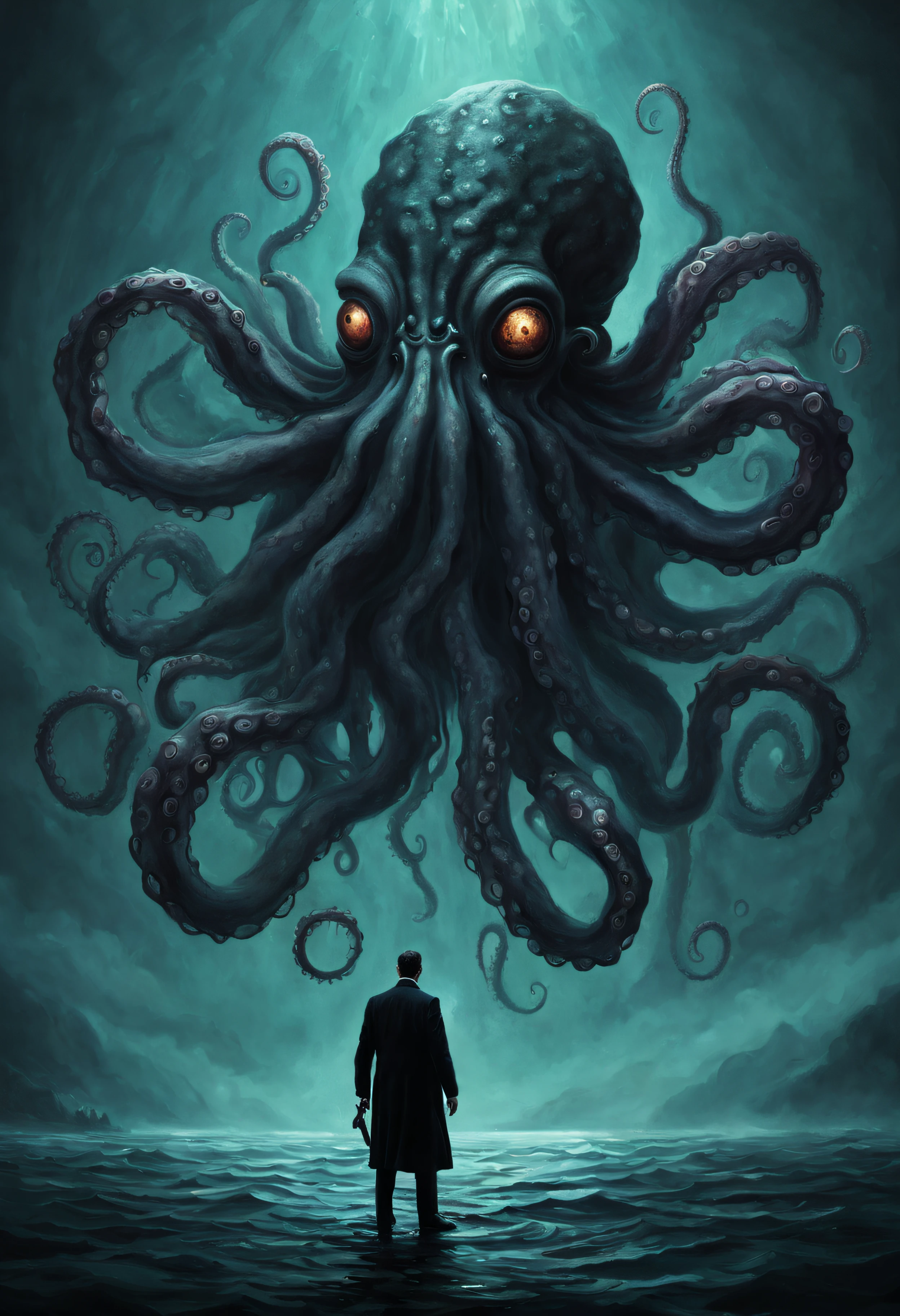 dark monster, octopus, man, hp_lovecraft_style,