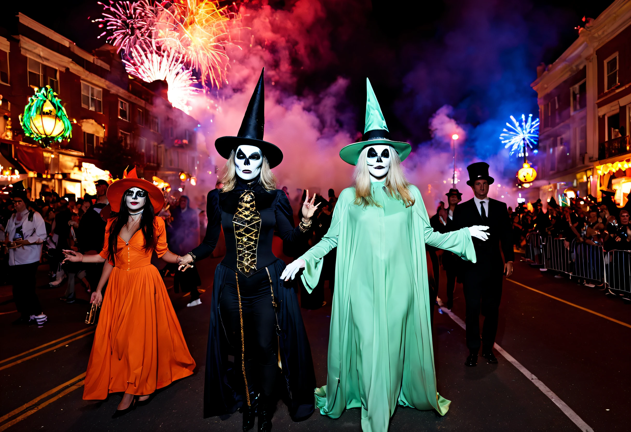 halloween costumes parade on the street, vibrant colors, spooky atmosphere, eerie lighting, detailed Halloween masks, creative face paint, elaborate costumes, enthusiastic crowd, diverse characters, joyful celebration, festive decorations, hauntingly beautiful scene, incredible attention to detail, high-resolution rendering, professional artistry, realistic textures, atmospheric lighting, dramatic shadows, enchanting ambiance, mystical aura, surrealistic setting, imaginative props, intricately designed accessories, fantastical creatures, ethereal presence, magical spells, ghostly apparitions, captivating spectacle, theatrical performances, fantastical music, energetic dancing, lively procession, immersive experience, dynamic movements, contagious excitement, animated expressions, spirited interactions, picturesque backdrop, multicolored fireworks, spine-tingling atmosphere, otherworldly charm, spellbinding moments, extraordinary event, night of enchantment, bewitching extravaganza.
