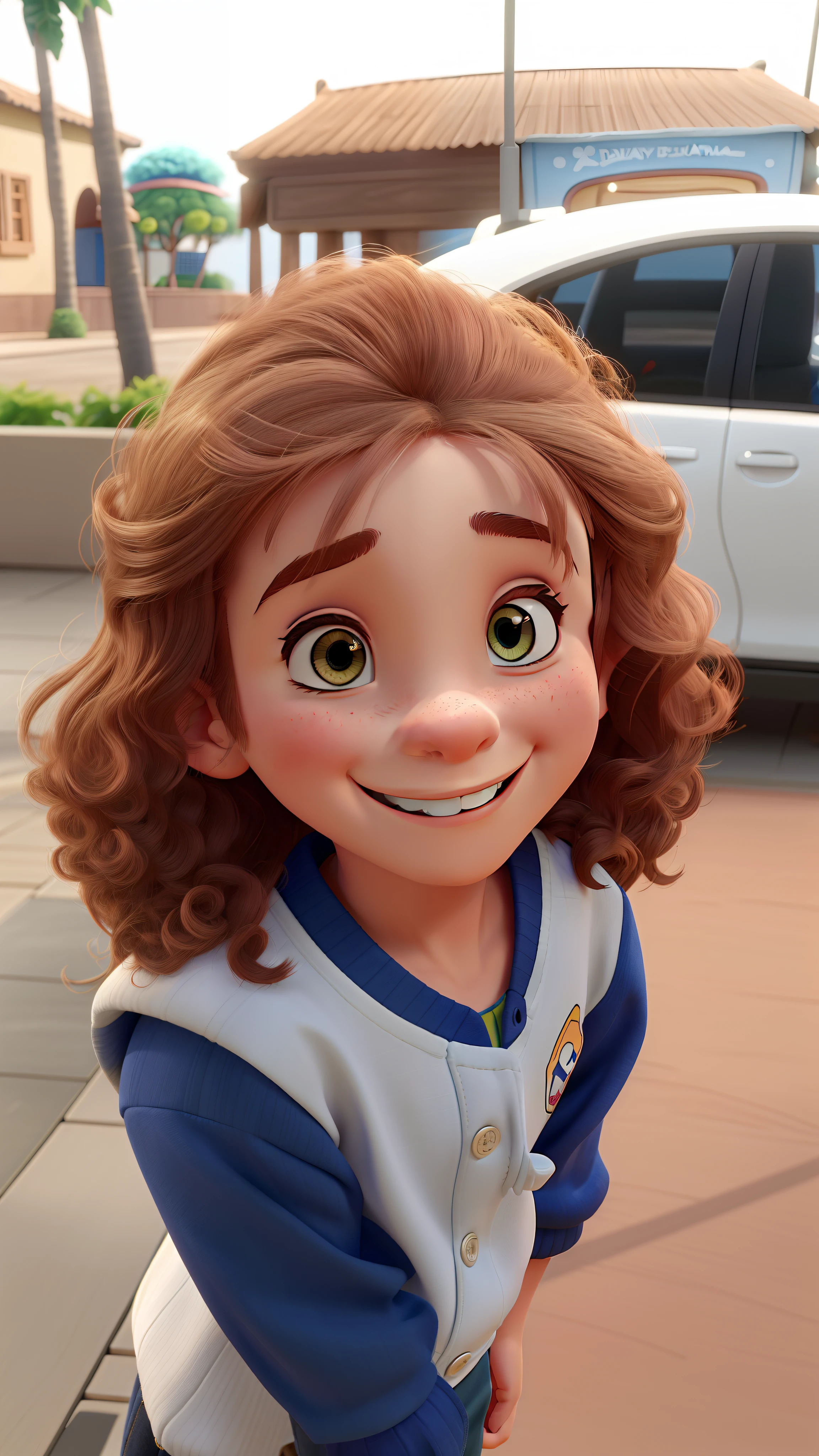 a child smiling, com cabelos encaracolados no estilo Disney Pixar, alta qualidade, Maximum quality