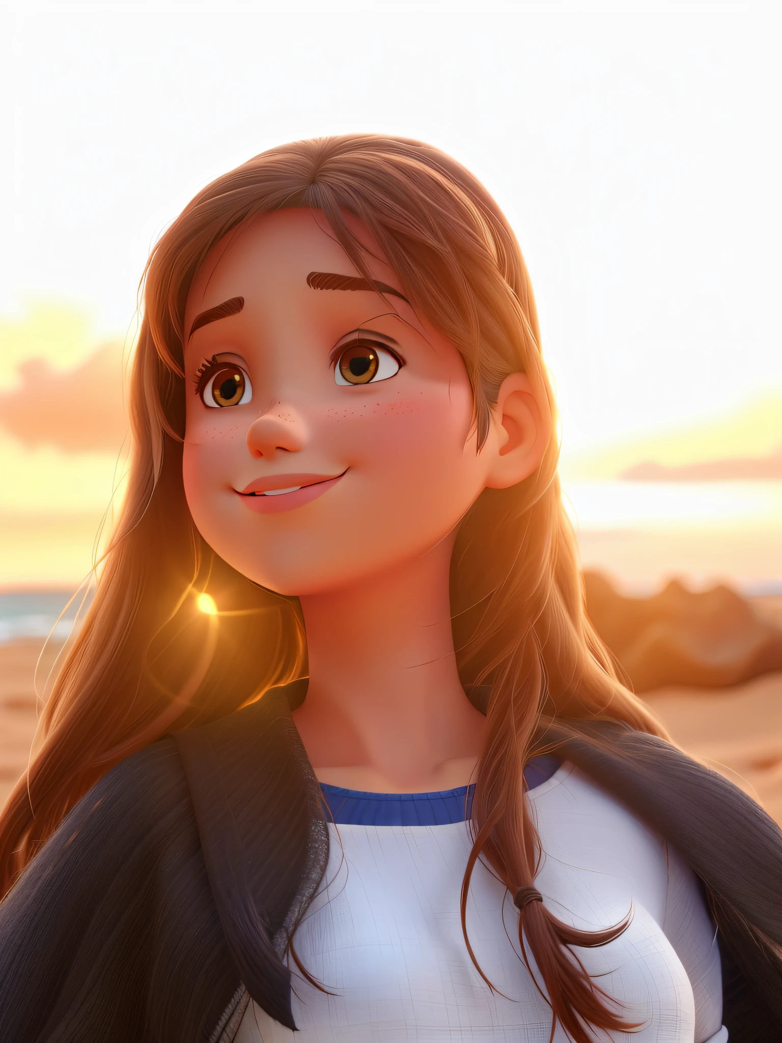 A girl on the sands of the sea, no estilo disney pixar, alta qualidade, melhor qualidade