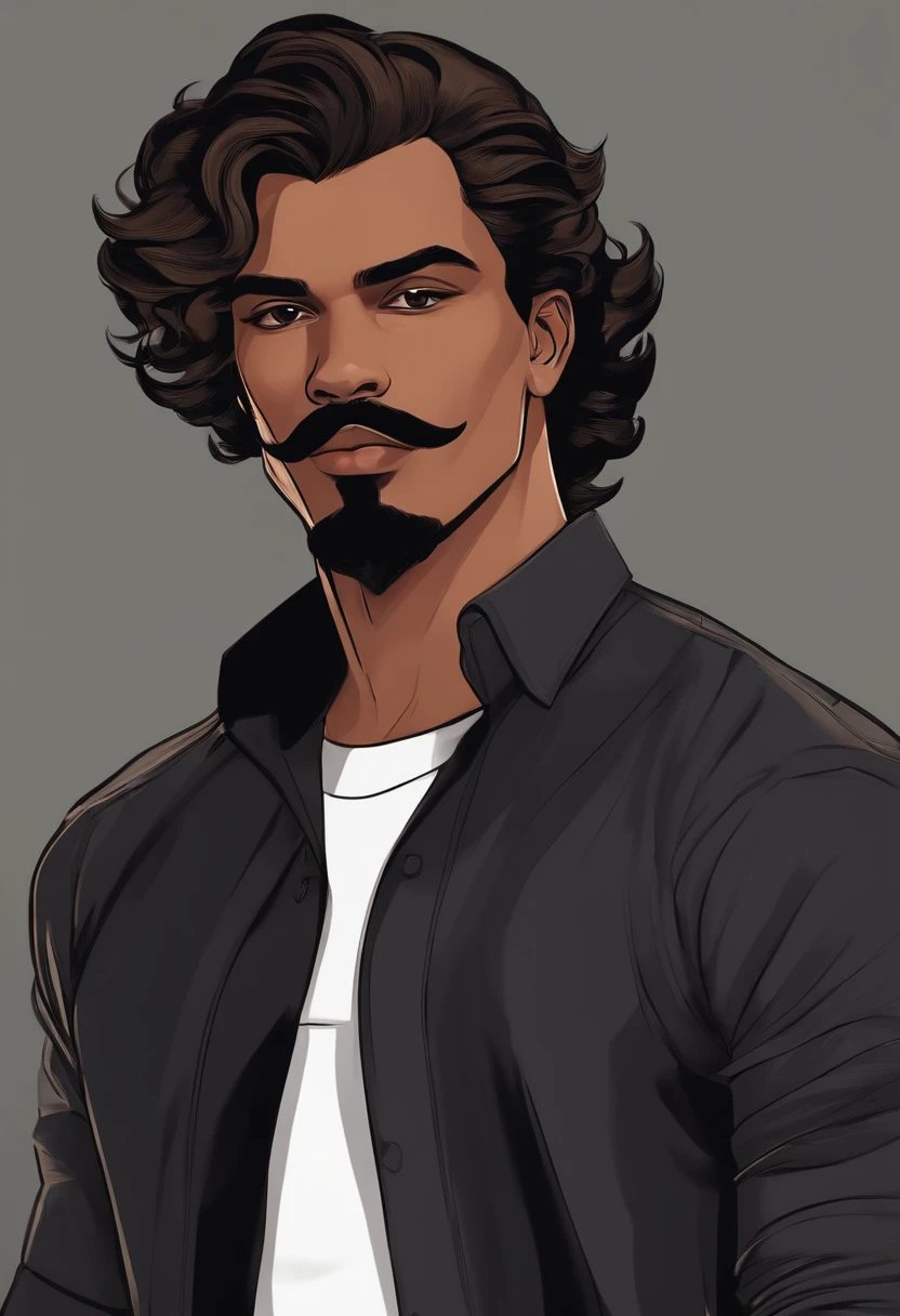 Personagem de desenho animado de um homem curto de 25 anos com BIGODE, cabelos pretos, Disguised haircut WITH BANGS with t-shirt with BLACK SHIRT light brown skin
