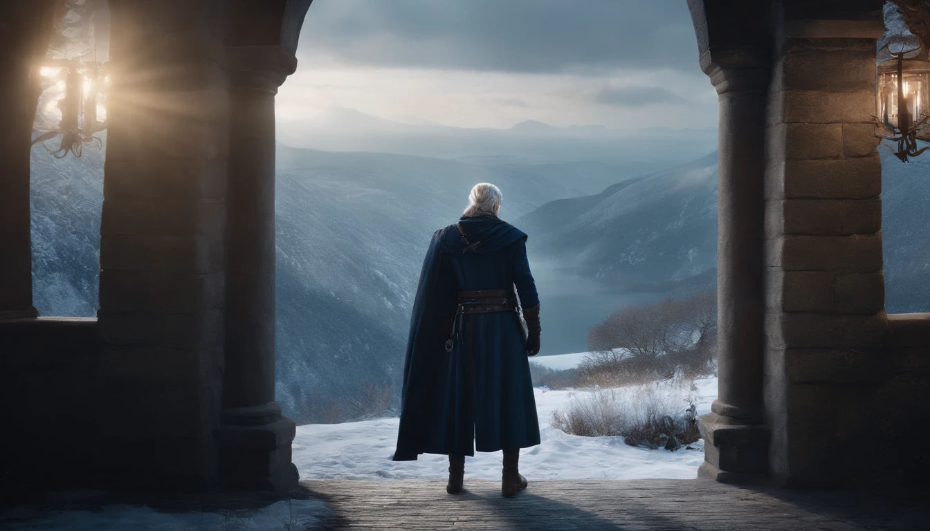 A young beautiful male character with medium silver hair looking at the kingdom with a serene expression, medieval clothes, blue eyes, he has a sword, dark setting, ultra-realistic, Guweiz drawing style, landscape, 8k, winter, dramatic particles, melhor qualidade,4k,8k,alto,master part:1.2,ultra-detalhado,Realistic:1.37.