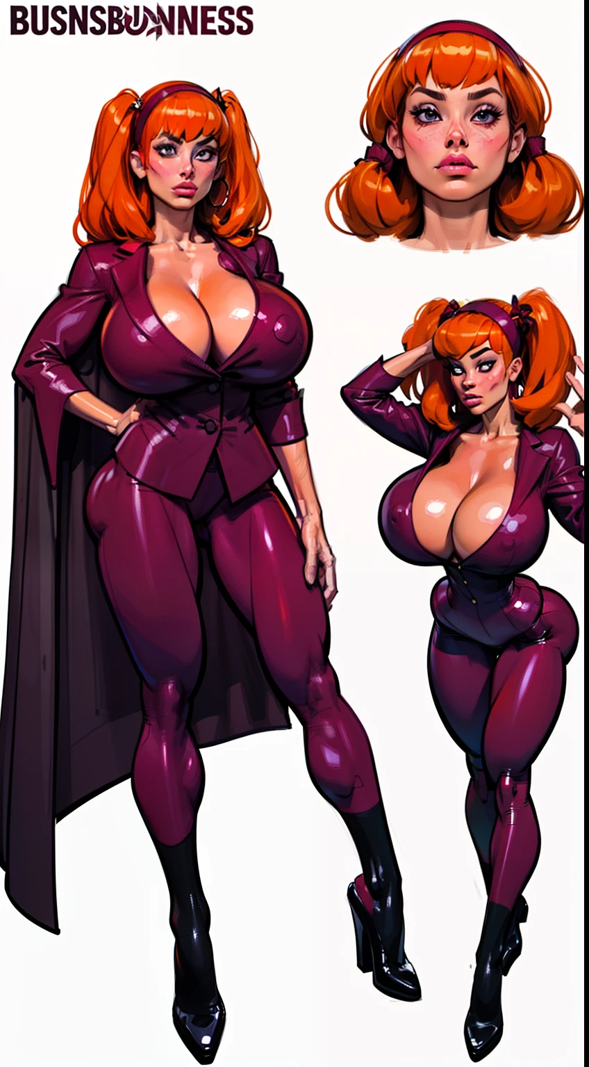 ((masterpiece)),(((best quality))), ((character design sheet:1.4)), ((full body view)) illustration,1girl, muscular, ((burgundy business suit:1.4)), blossom, (red hairband), ((orange hair:1.4)), burgundy suit ((detailed face:1.4)) ((gigantic breasts:1.3)), (latex pants), ((cleavage)), beautiful woman, long twintails, shiny skin, (thick legs), scribbles and marks, , rough sketches, pose, 8k,16k, (simple background, white background: 1.3)