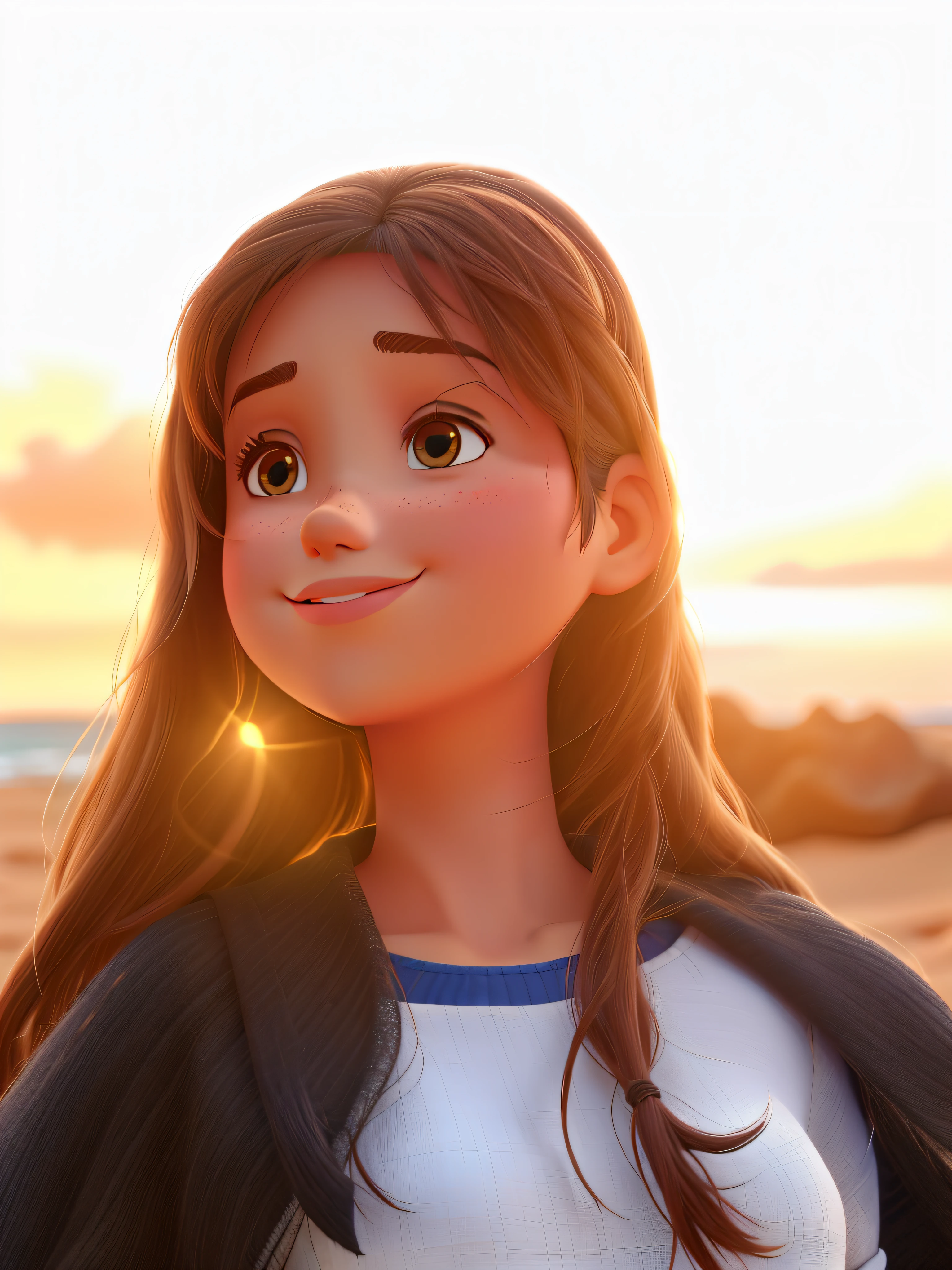 A girl on the sands of the sea, no estilo disney pixar, alta qualidade, melhor qualidade