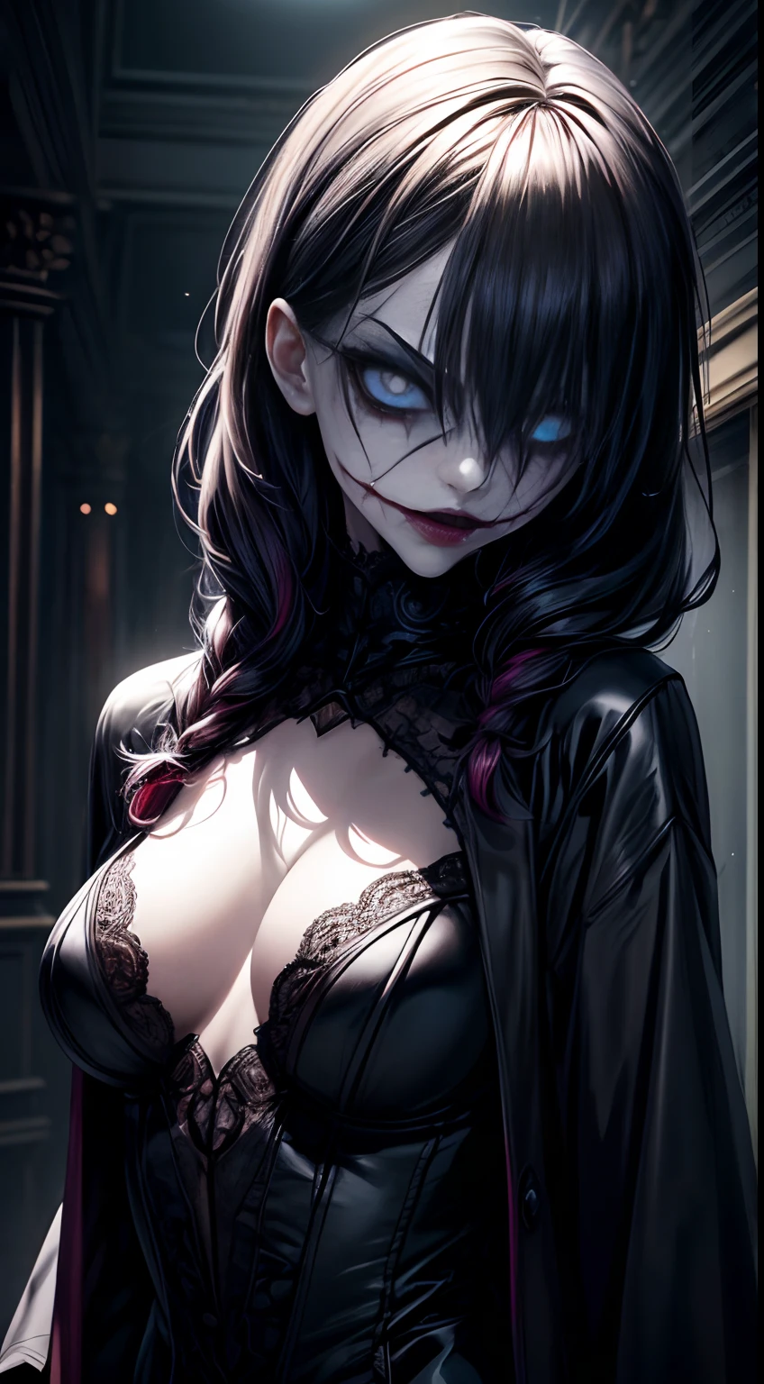 (Masterpiece:1.2),Gothic makeup,jocker,numinous,haunting,Dark,terroral,Expressive eyes,An unsettling smile,exquisite costumes,Detailed texture,Dramatic lighting,Vibrant colors,Emotional expression,contrasting shadows,mystical ambiance,striking pose,haunting background,funny faces,a captivating gaze,Scary appearance,Spooky atmosphere,Exaggerated features,Intense emotions,mesmerizing eyes,Creepy,Ominous existence,unnerving,Horror film aesthetics,hauntingly beautiful,spine-chilling,A creepy masterpiece,otherworldly beauty,Juxtaposition of light and dark,An artistic interpretation of the Joker,A captivating and eerie masterpiece,Surreal,Unforgettable,A combination of beauty and horror,A unique and disturbing work of art,Thought-provoking pictures,It's unsettlingly beautiful,Visually striking and unsettling.