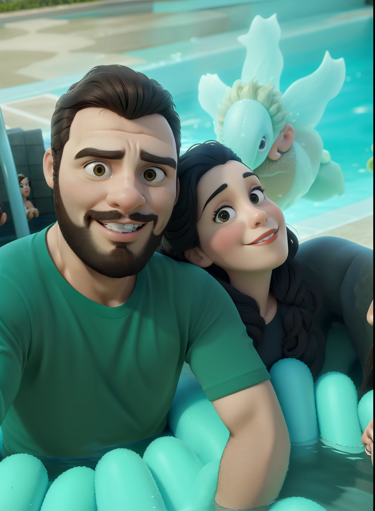 Obra-prima, de melhor qualidade, casal em piscina de bolinhas, foto de perto, homem de barba e cabelos pretos, mulher de cabelos pretos