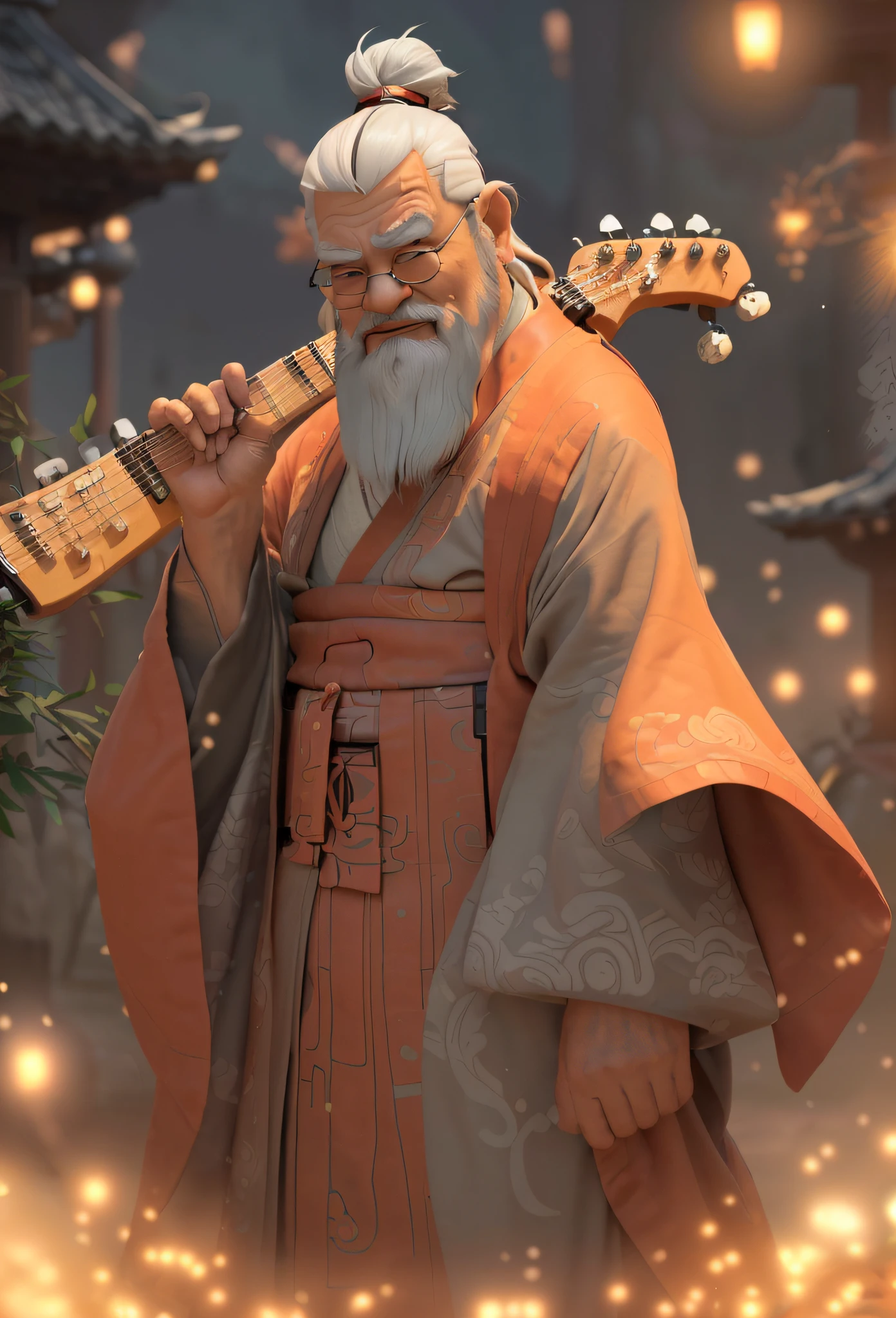 It's an old man in a cartoon, with round glasses and short white beard. He wears a Chinese-style gray robe and has a wrinkled face, mas tem um, cuteexpression. The character holds an electric guitar and also wears a traditional samurai costume. The scene is lit from right to left, com detalhes realistas e uma perspectiva ortogonal. The goal is to create a, photorealistic rendering of this character in Pixar style.