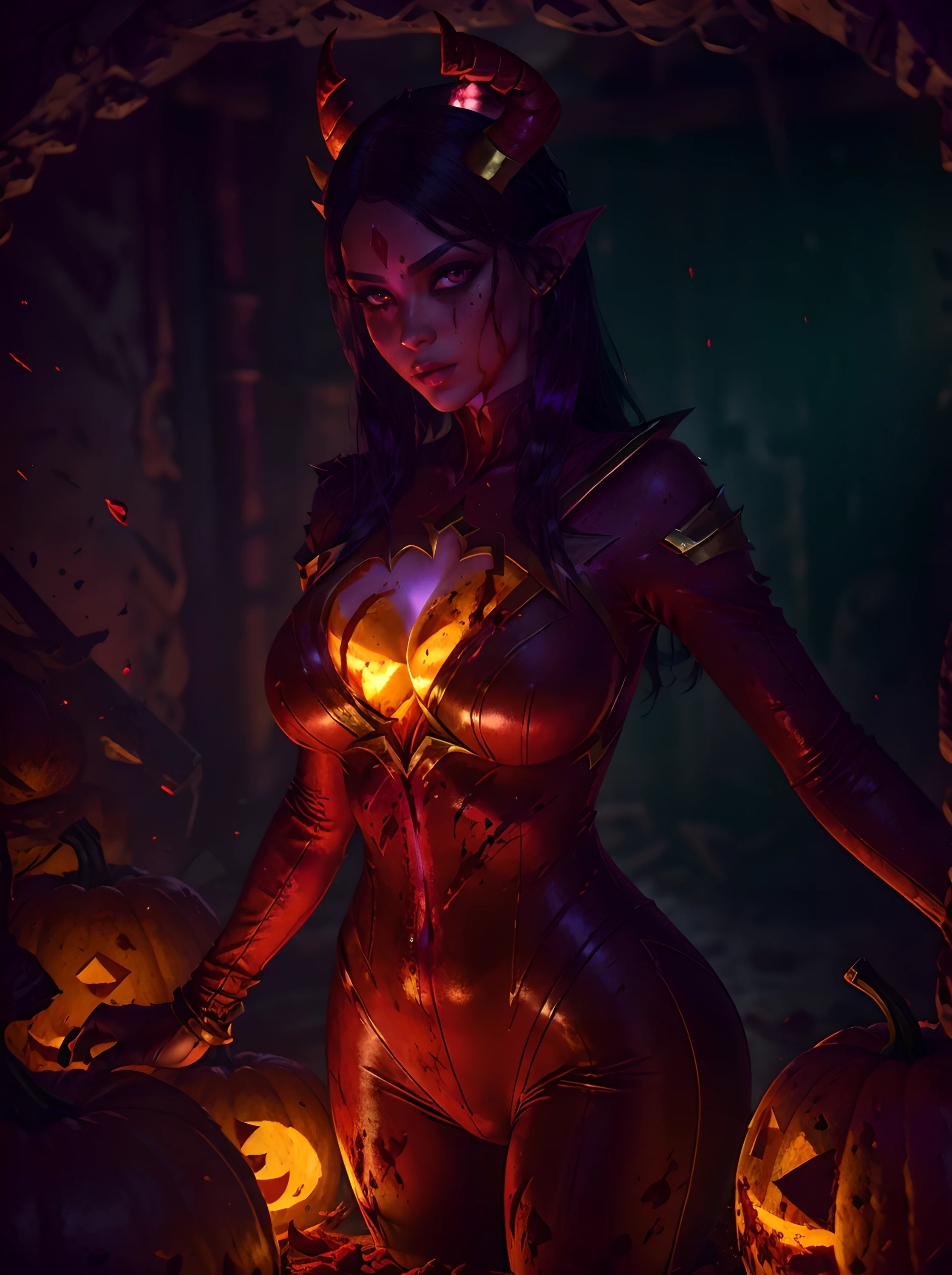 tmasterpiece, beste-Qualit, ((25-year-old girl)), ((tight red demon suit with red horns on his head)), Ideal Russia 1Girl, black hair, faint smile, extra very long hair, accentuated breasts, (blood:1.3), (blood splash:1.3), ((Shiny snow-white skin)), 3d rendered character art 8 K, trending on cgstation, A detailed eye, symmetric eyes, ((Huge purple eyes)), a perfect face, the perfect body, Halloween atmosphere, Posing, (intricate details:0.9), (HDR, hyper-detailing:1.2), (natural skin textures, hyper realisitc, soft light, Sharp), (Intricate Detail 1.5), In an abandoned warehouse where there are a lot of carved pumpkins, Lots of neon consecration.