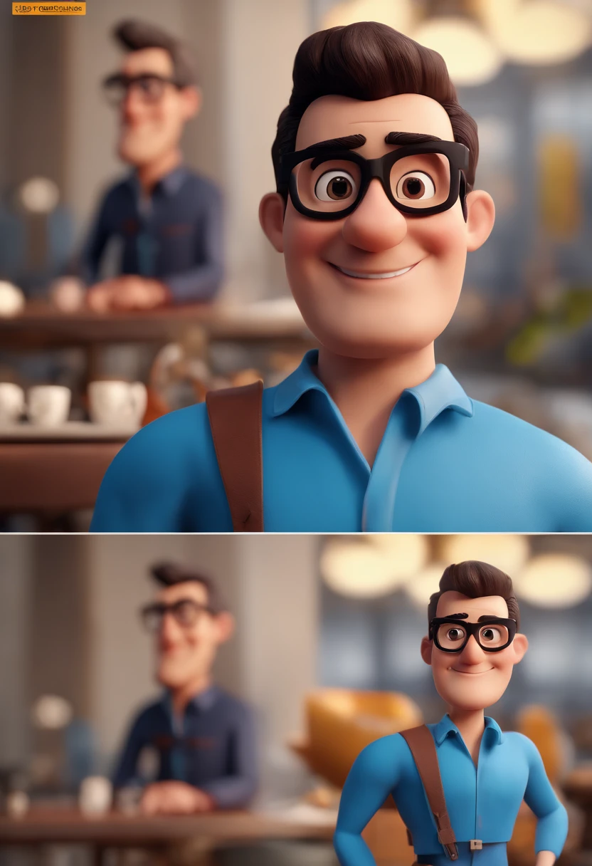 Cartoon character of a man with black glasses and a blue shirt, animation character, Caractere estilizado, animation style rendering, 3D estilizado, Arnold Maya render, 3 d render stylized, toon render keyshot, Personagem 3D, Personagem 3D, 3d rendering stylized, 3 d character render, personagem de desenho animado, Personagem de close up, Pose de personagem,  (Estilo Pixar) (master part:1.2) (Bokeh) (best quality) (pele detalhada) (textura detalhada) (8k) (argila) (Cinematic lighting) (foco nítido