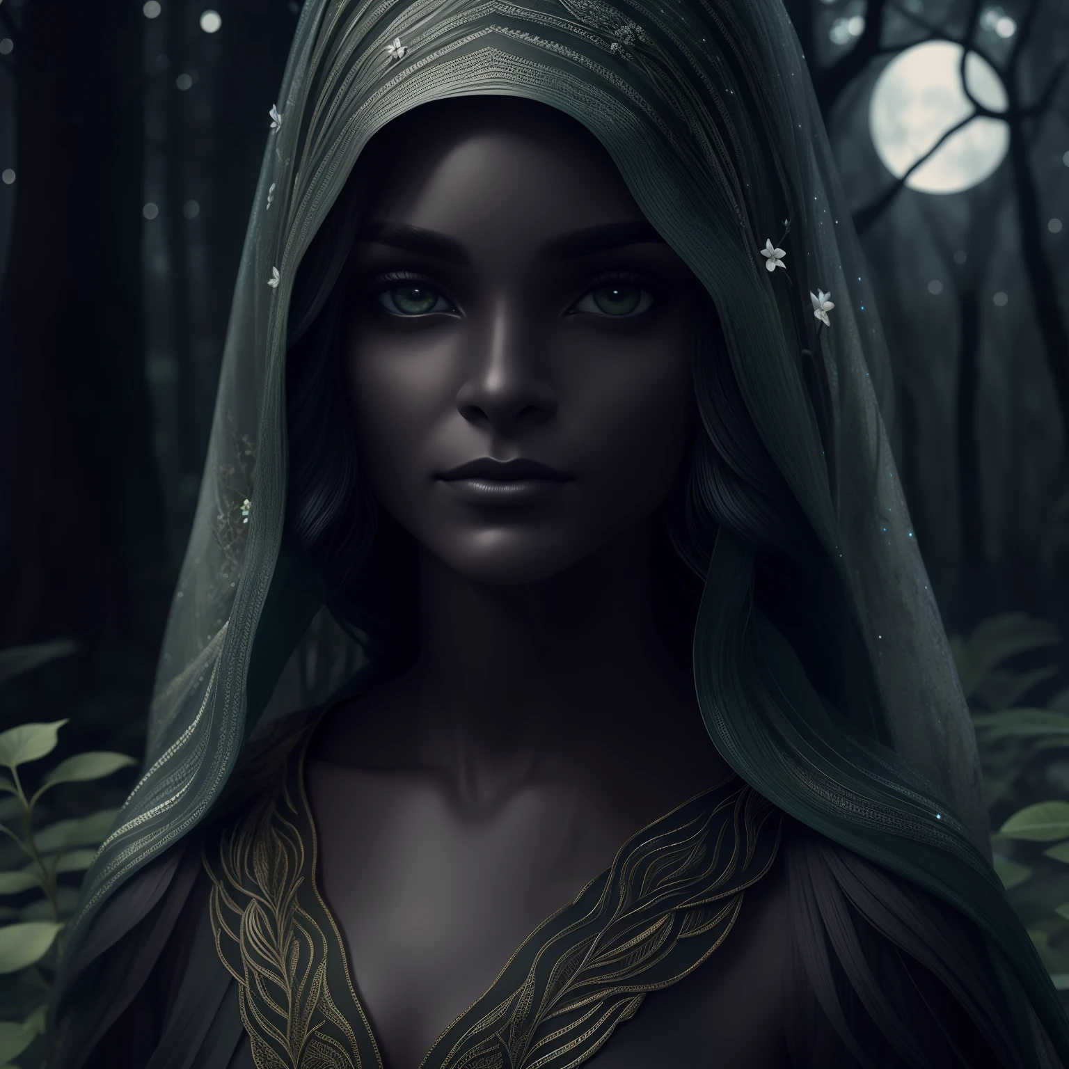 Elfo escuro bonito, cara bonita, corpo bonito, cabelos pretos, usando armadura preta, Cabo Preto, em uma floresta, at night, 8k, extremamente detalhado, ultra realistic