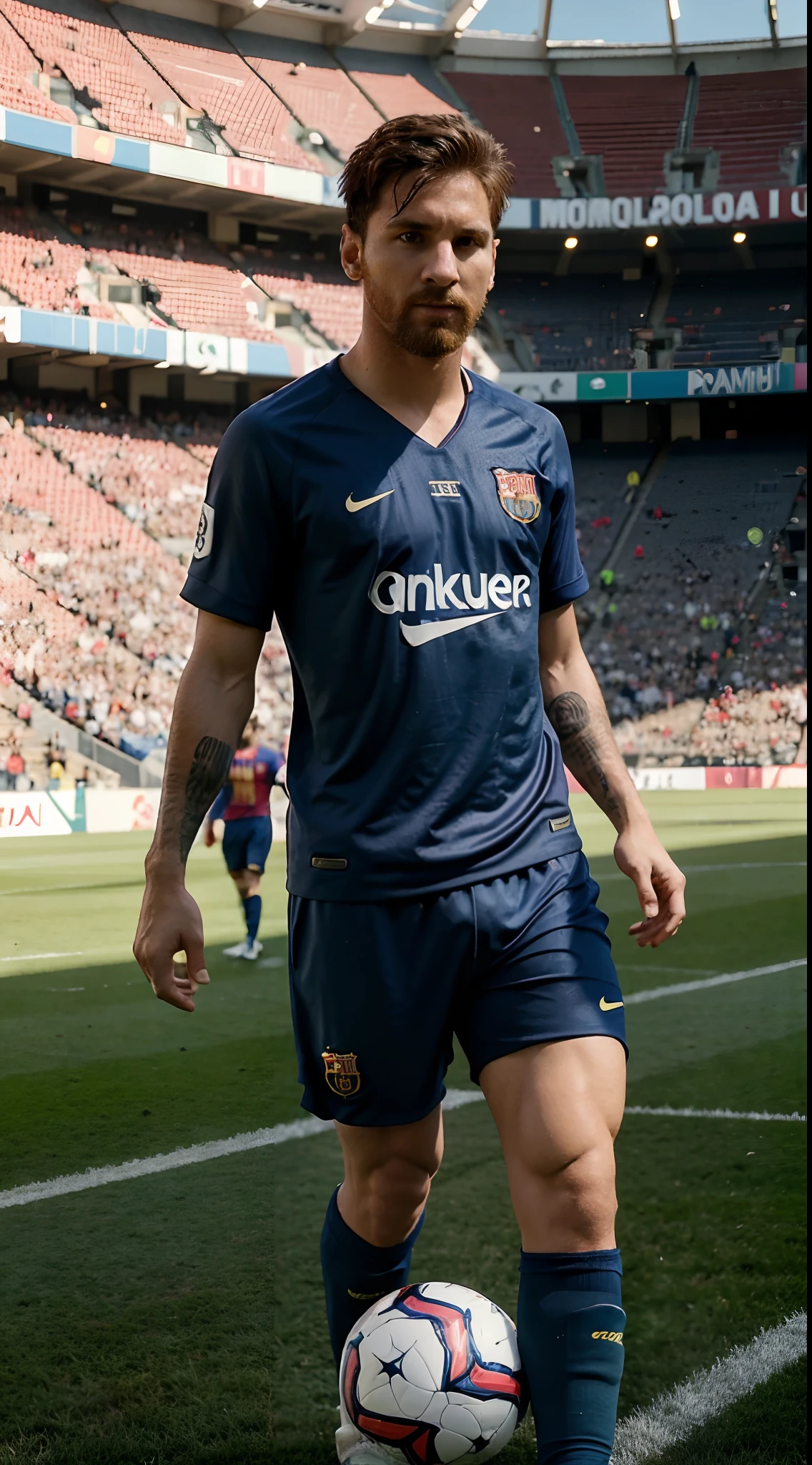 Homem, jogador de futebol, Lionel Messi, casima de futebol do Barcelona, Soccer shorts number 10, Segurando uma bola de ouro da revista france futebol. Campo se futebol camp nou. With the shit emoti on my head. alta resolução, 8k