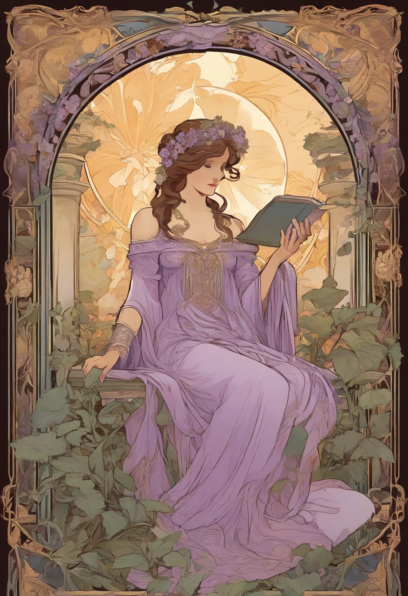 8K.Poster illustration in Alphonse Mucha style, Flat painting, Beautiful western woman in lilac ankle-length long dress, Emmawatoso, holding a book, standing between two temple columns, sitting on a chair, wearing cross on her neck, have a crescent moon in her feet, Full body like,slenderbody,barefoot,Art Nouveau, Plants in the background, nffsw, masutepiece, Alfonse Mucha, high details