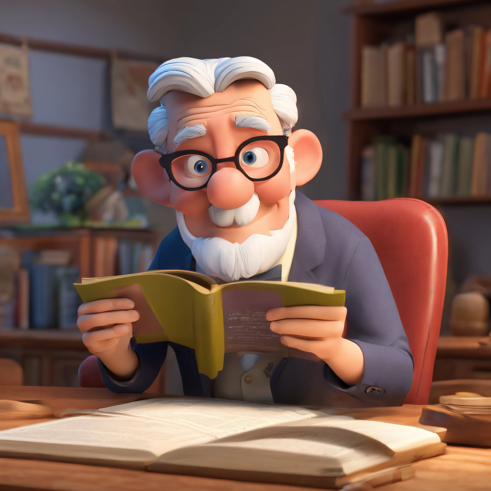 Crie um cartaz inspirado na Disney Pixar com o personagem sendo o pastor Rubens Janier, A gray-haired man wearing glasses, in an office with a Bible on the table