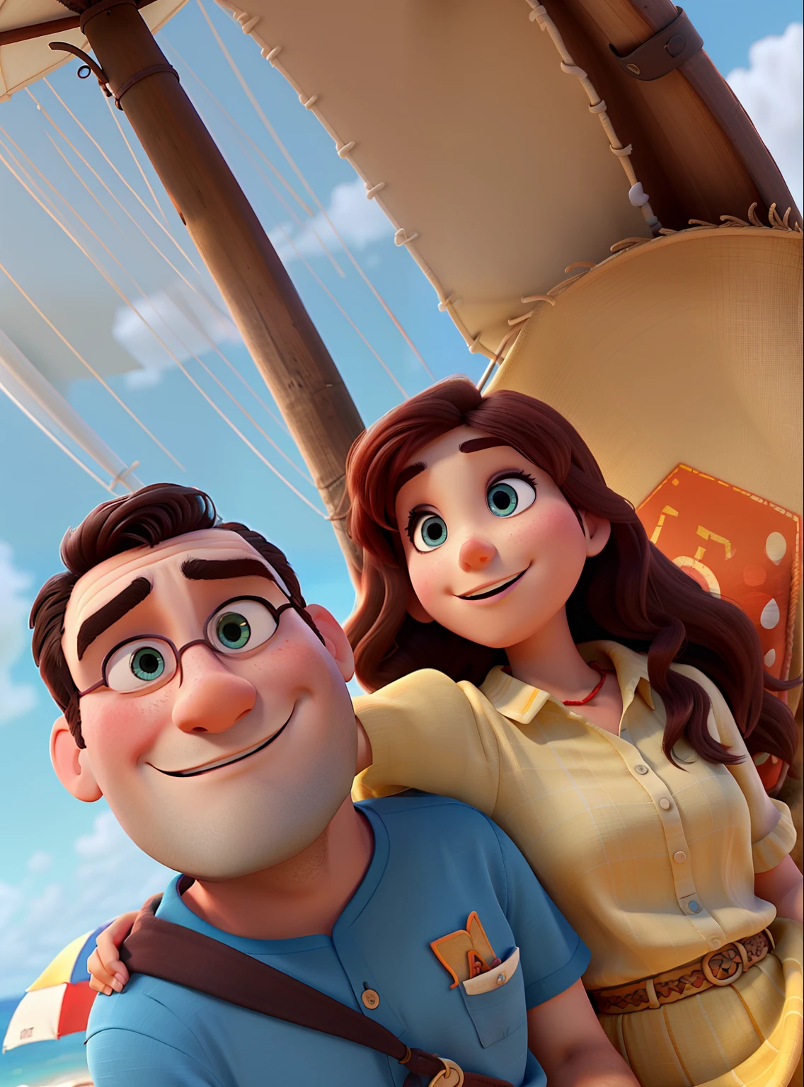 There's a man and a woman on the beach. Estilo pixar