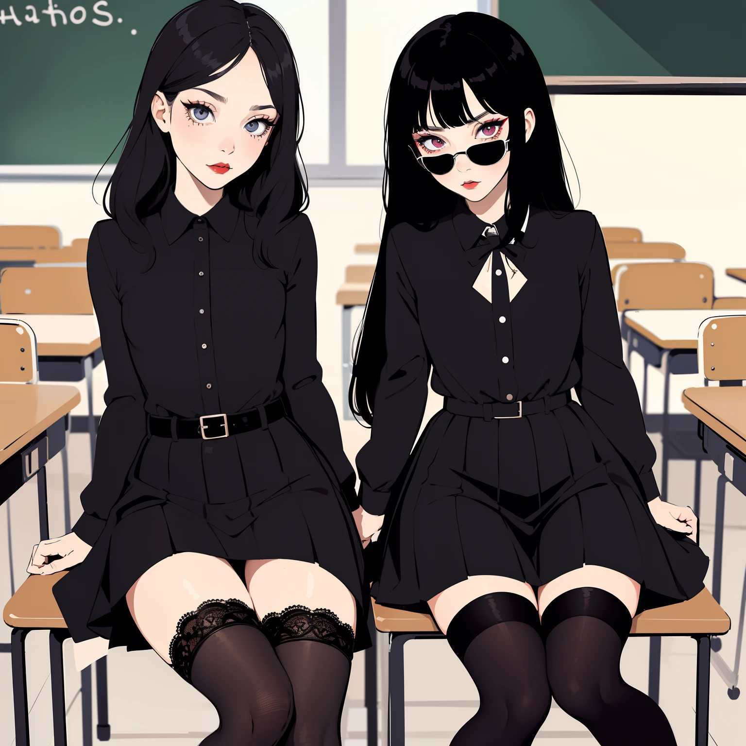(superflat, flat shading, flat colors), masterpiece, best quality, classroom, 2girls, goth makeup, schoolgirl, loli, black dress, lace stockings, black classroom, serious, posing