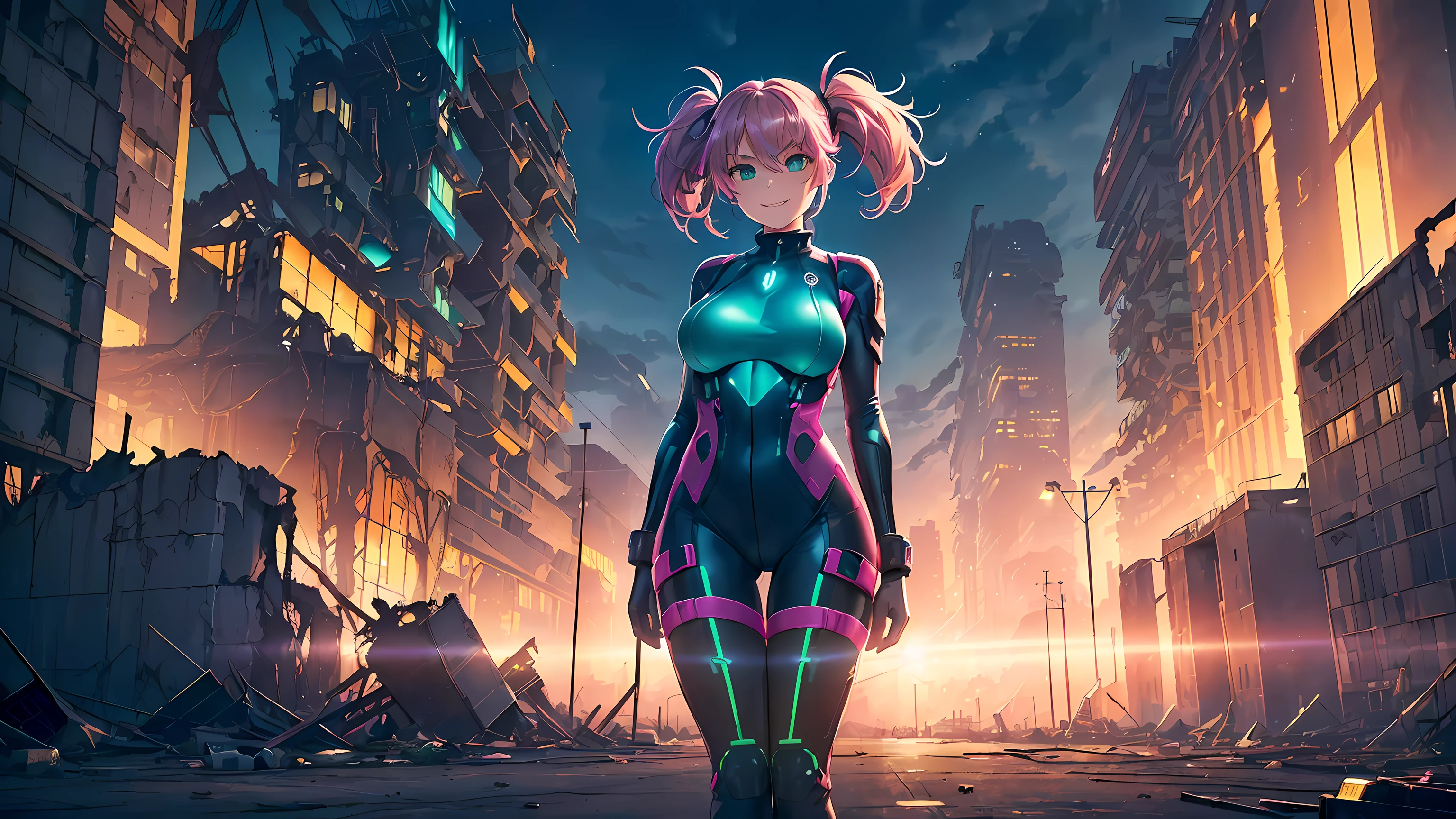 masterpiece, 1girl ((20year old, dressed in a futuristic tight bodysuit, boots, medium breasts, multicolor pink hair, twin ponytails, perfect model body:1.3, detailed green eyes:1.5,flirting, happy, big smile, looking toward viewer, standing surrounded by destroyed sci-fi buildings and spaceships in the background:1.3, ominous and dangerous atmosphere:1.2)) ((solo:1.6)) ((evening time))