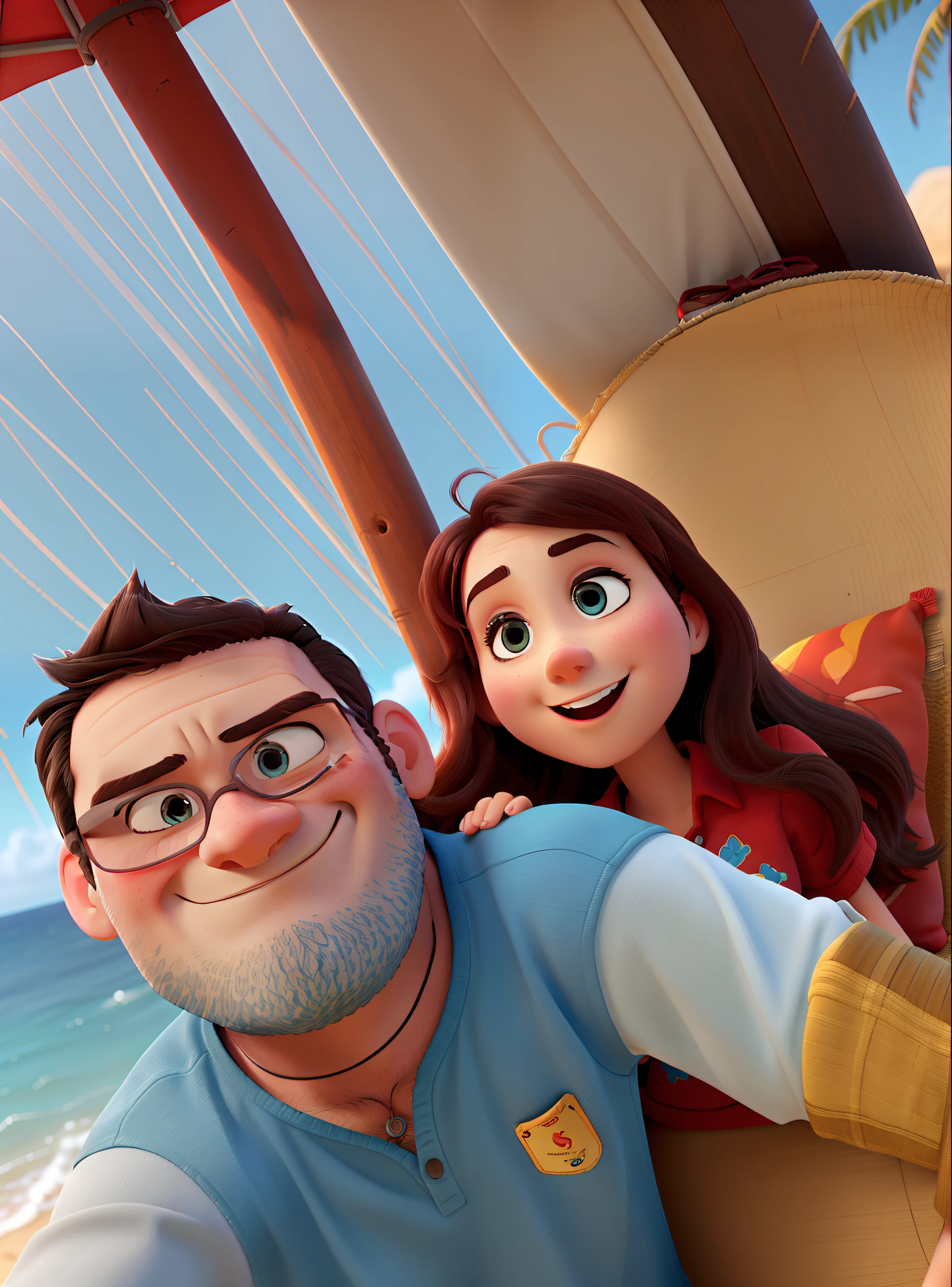 There's a man and a woman on the beach. Estilo pixar