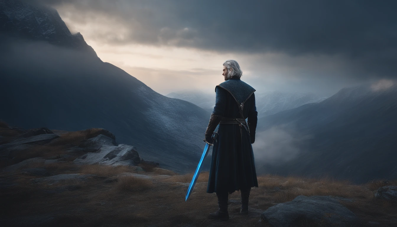 A young beautiful male character with medium silver hair looking at the kingdom with a serene expression, medieval clothes, blue eyes, he has a sword, dark setting, ultra-realistic, Guweiz drawing style, landscape, 8k, winter, dramatic particles, melhor qualidade,4k,8k,alto,master part:1.2,ultra-detalhado,Realistic:1.37.